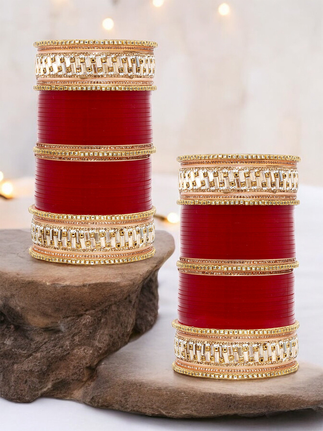 LUCKY JEWELLERY Pack of 2 Red & White CZ Stone Studded Punjabi Chura Bridal Bangle Set