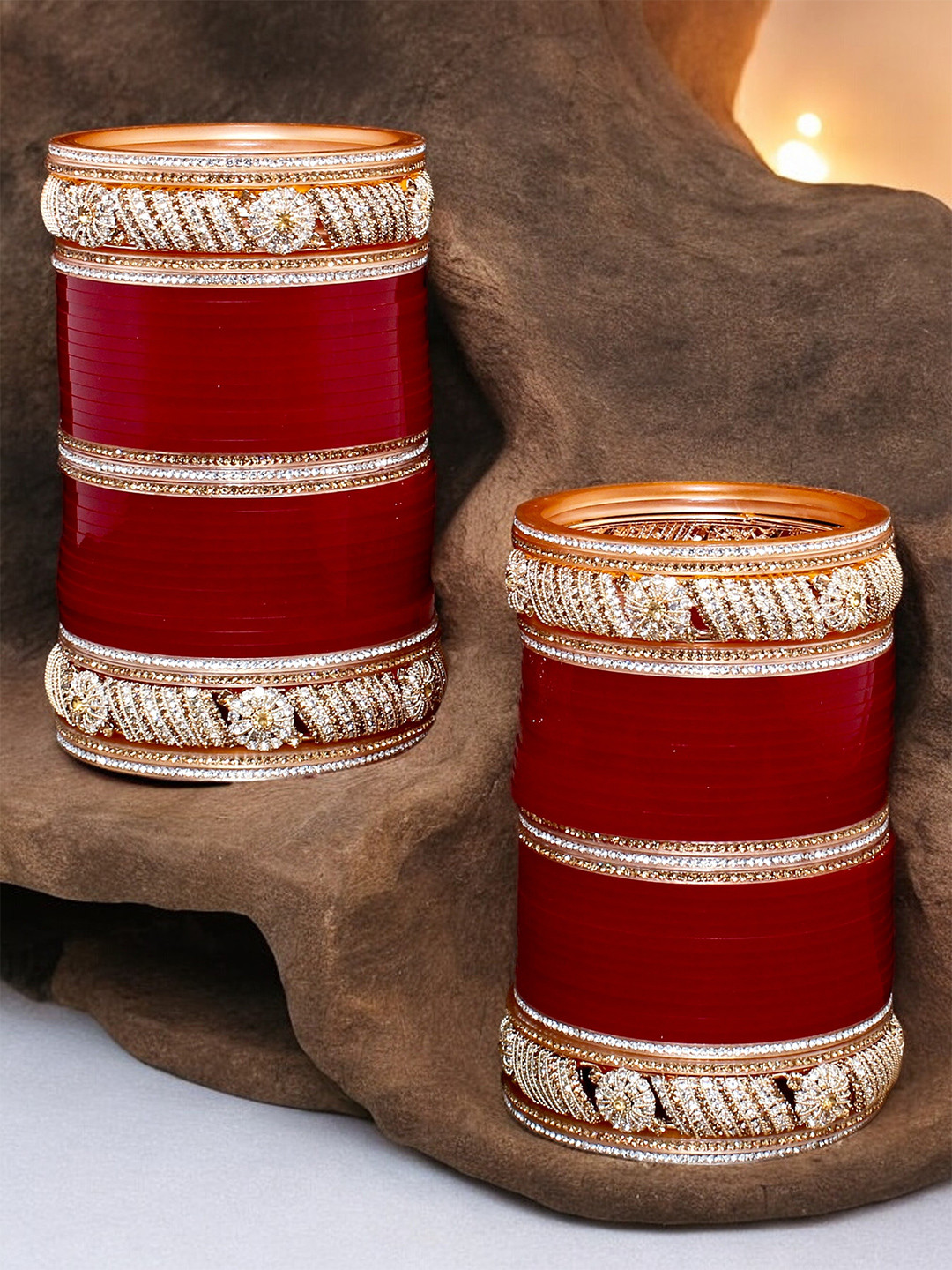 LUCKY JEWELLERY Maroon & White CZ Stone Studded Bangles Set