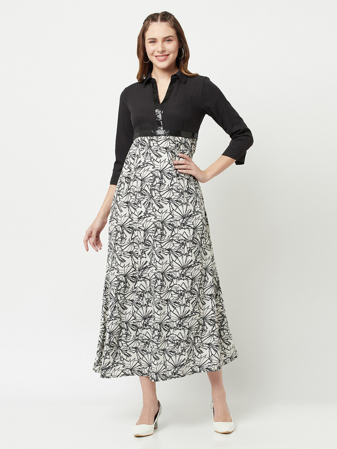 SQew Black & Off White Crepe Maxi Dress