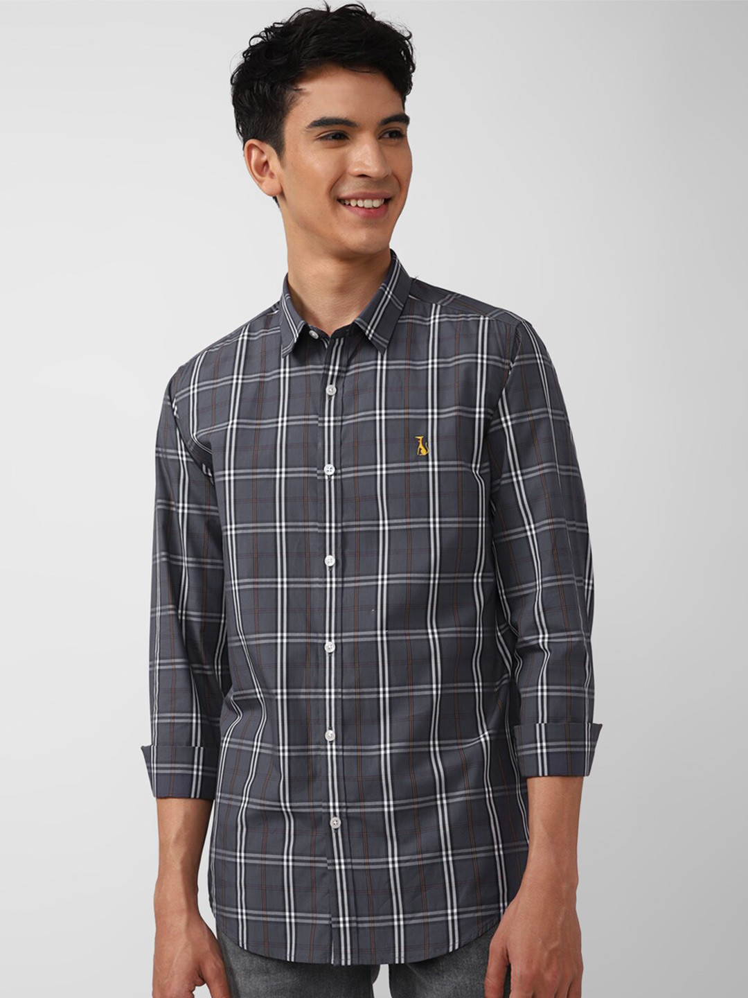 SIMON CARTER LONDON Men Navy Blue Checked Cotton Casual Shirt