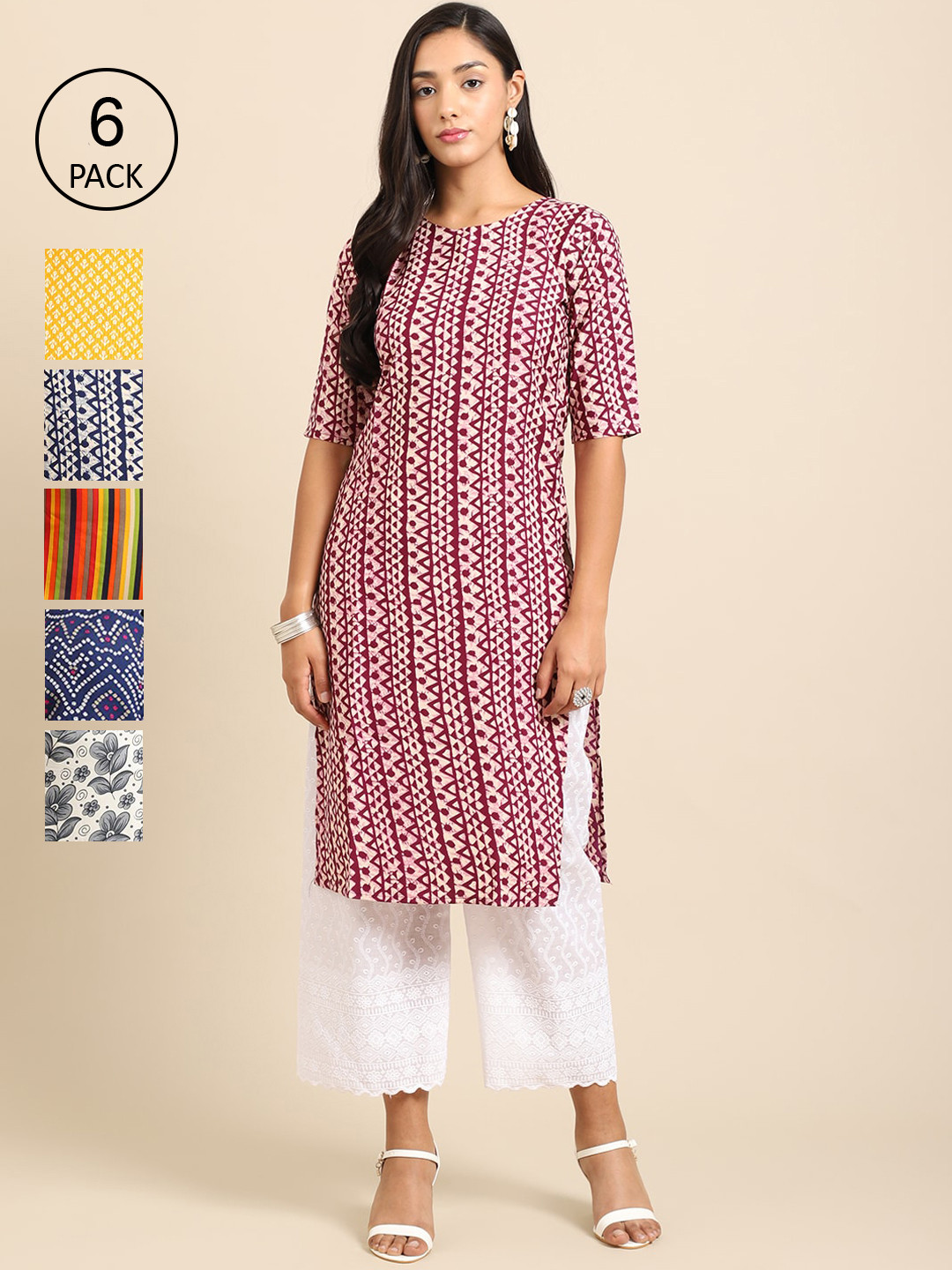 7Threads Women Pack of 6 Block Print Crepe Kurta