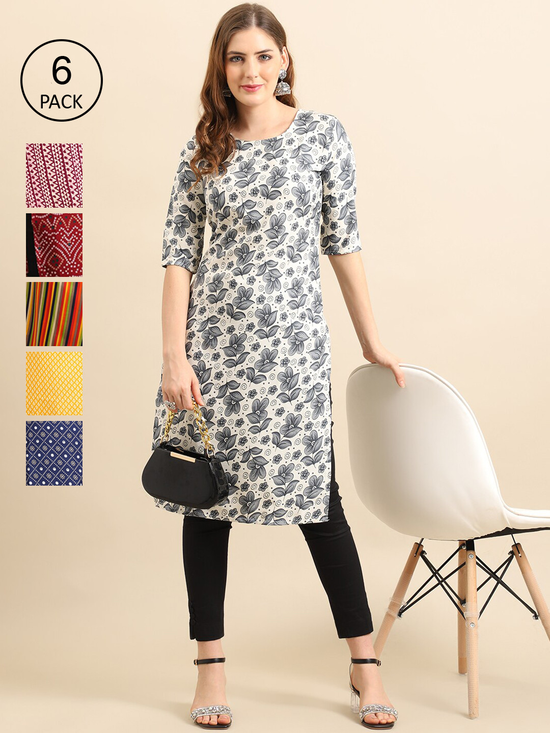 7Threads Women's Crepe Multi Color Digital Printed Straight Kurta [PACK OF 6]