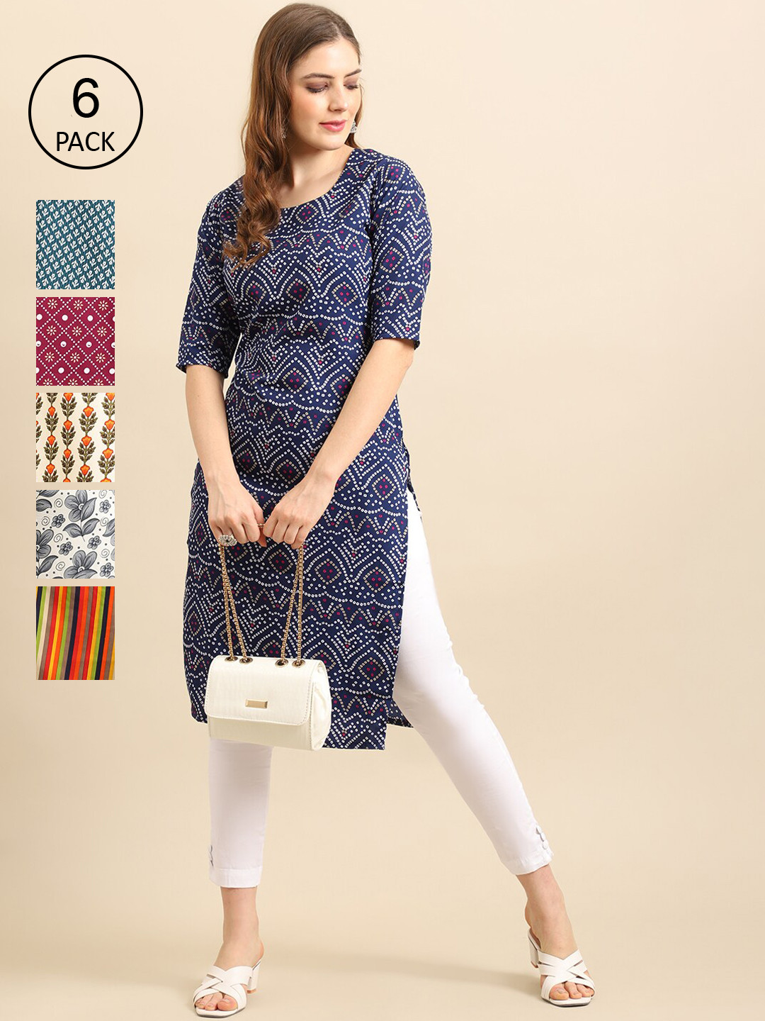 7Threads Women Red And Yellow Paisley Striped  Print Crepe Pack OF 6 Kurta