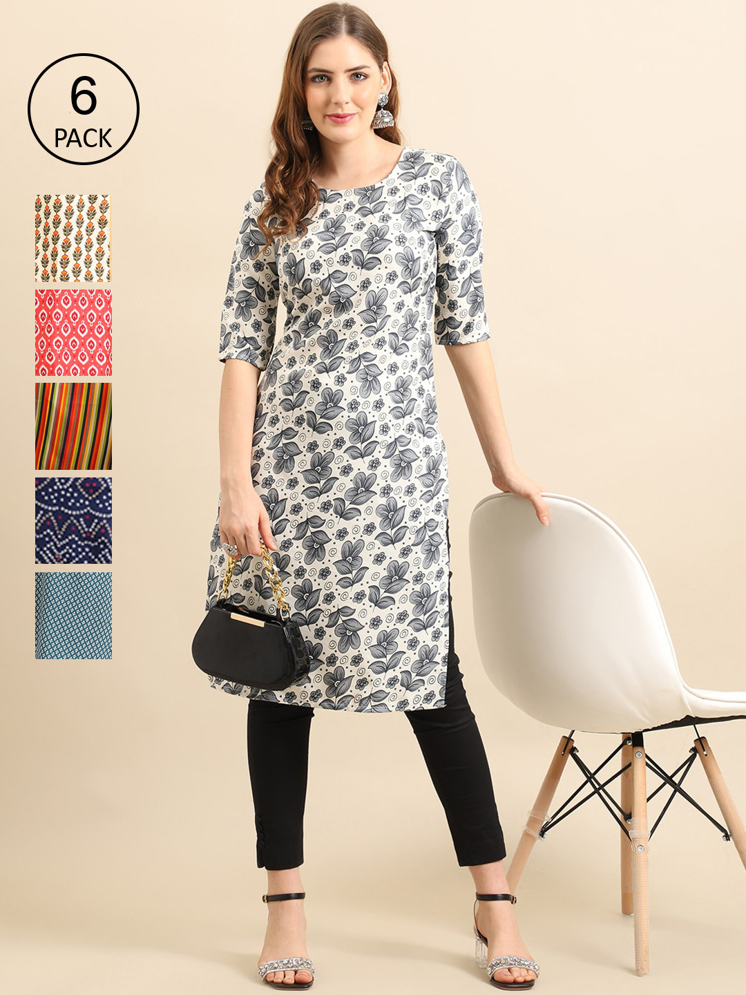 7Threads Pack Of 6 Women Geometric Printed Mirror Work Block Print Crepe Kurta