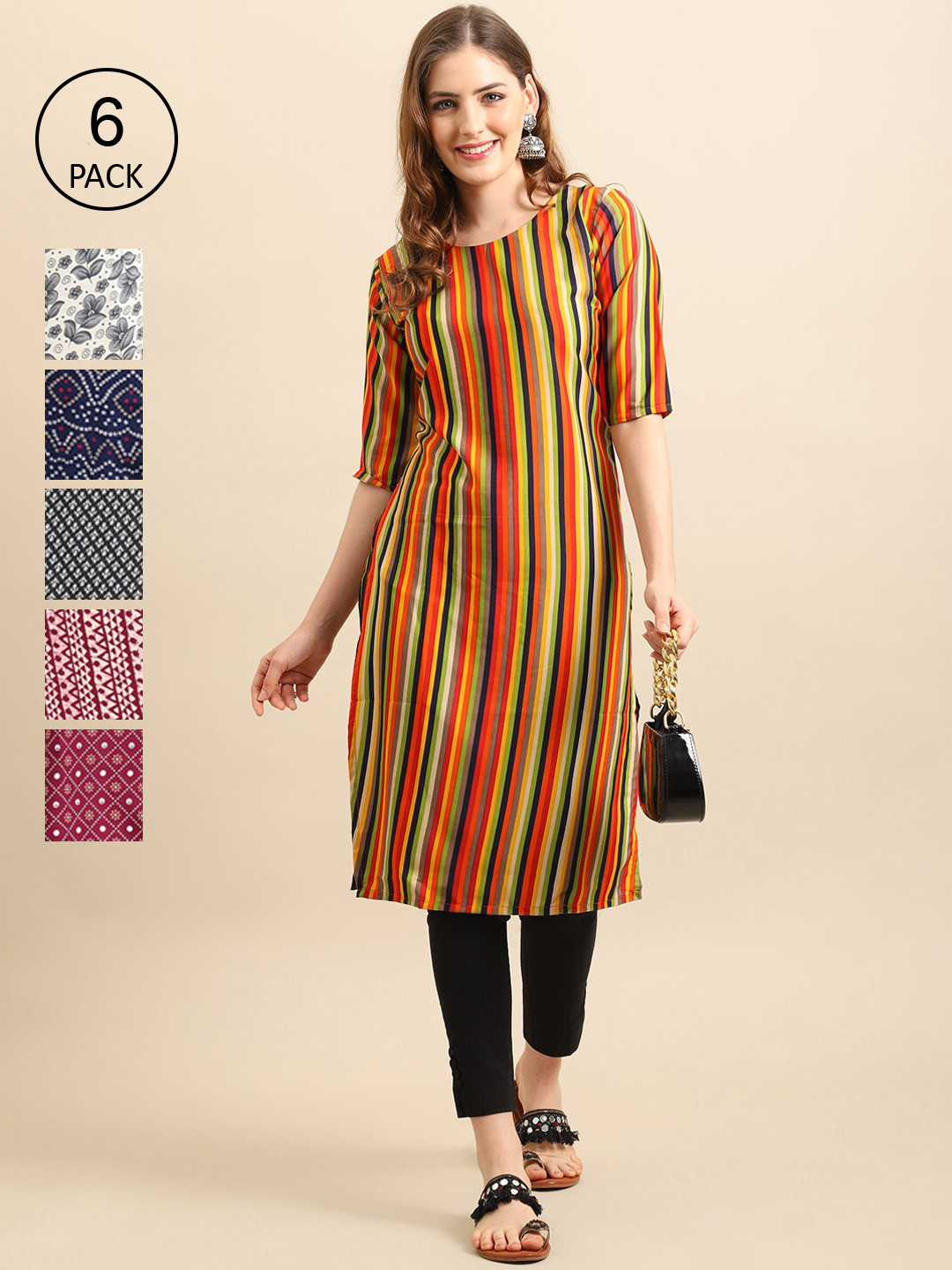 7Threads Women Pack Of 6 Block Printed Crepe Kurta