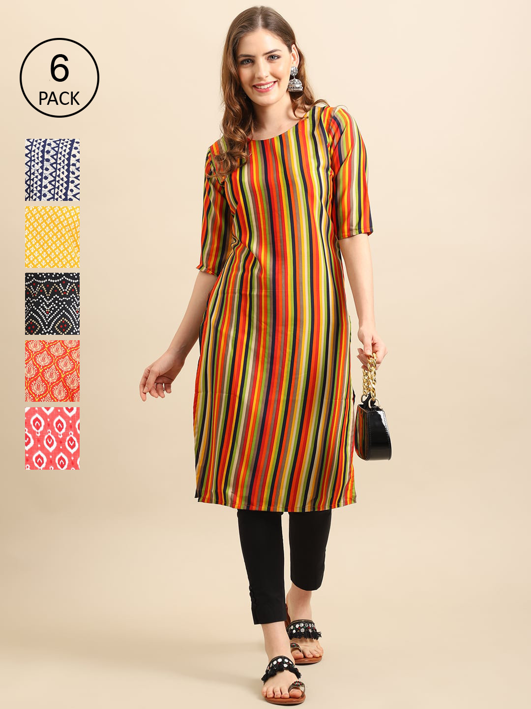 7Threads Women Pack Of 6 Block Print Crepe Kurta