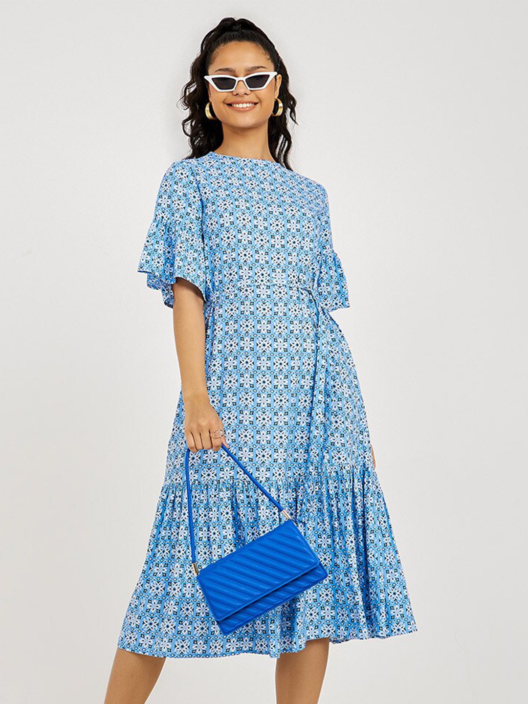Styli Blue Flare Sleeves Paisley Print A-Line Midi Dress with Tie Belt