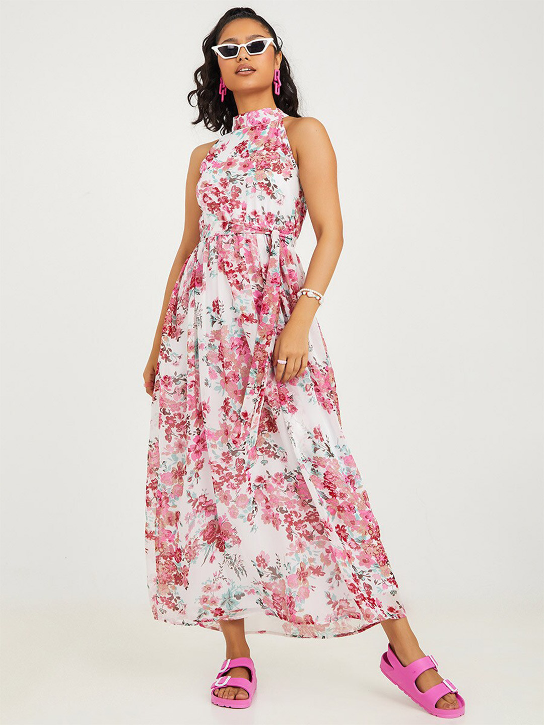 Styli White & Pink Sleeveless Floral Print A-Line Maxi Dress with Tie Belt