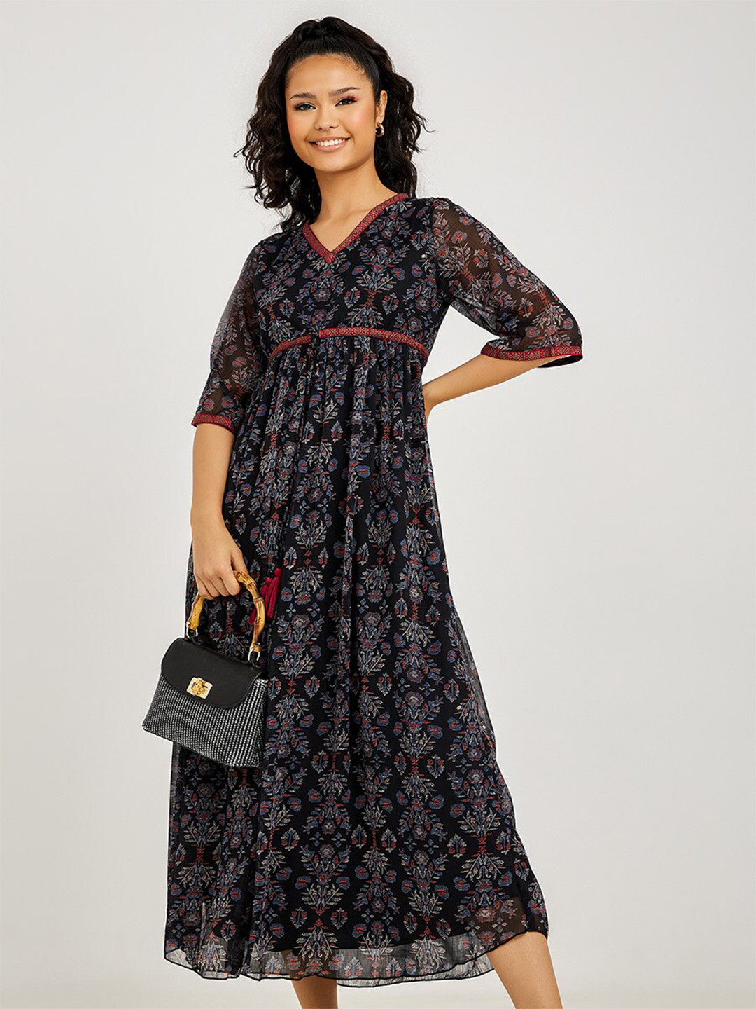 Styli Women Navy Blue Floral Print 3/4 Sleeves A-Line Maxi Dress with Embroidered Detail
