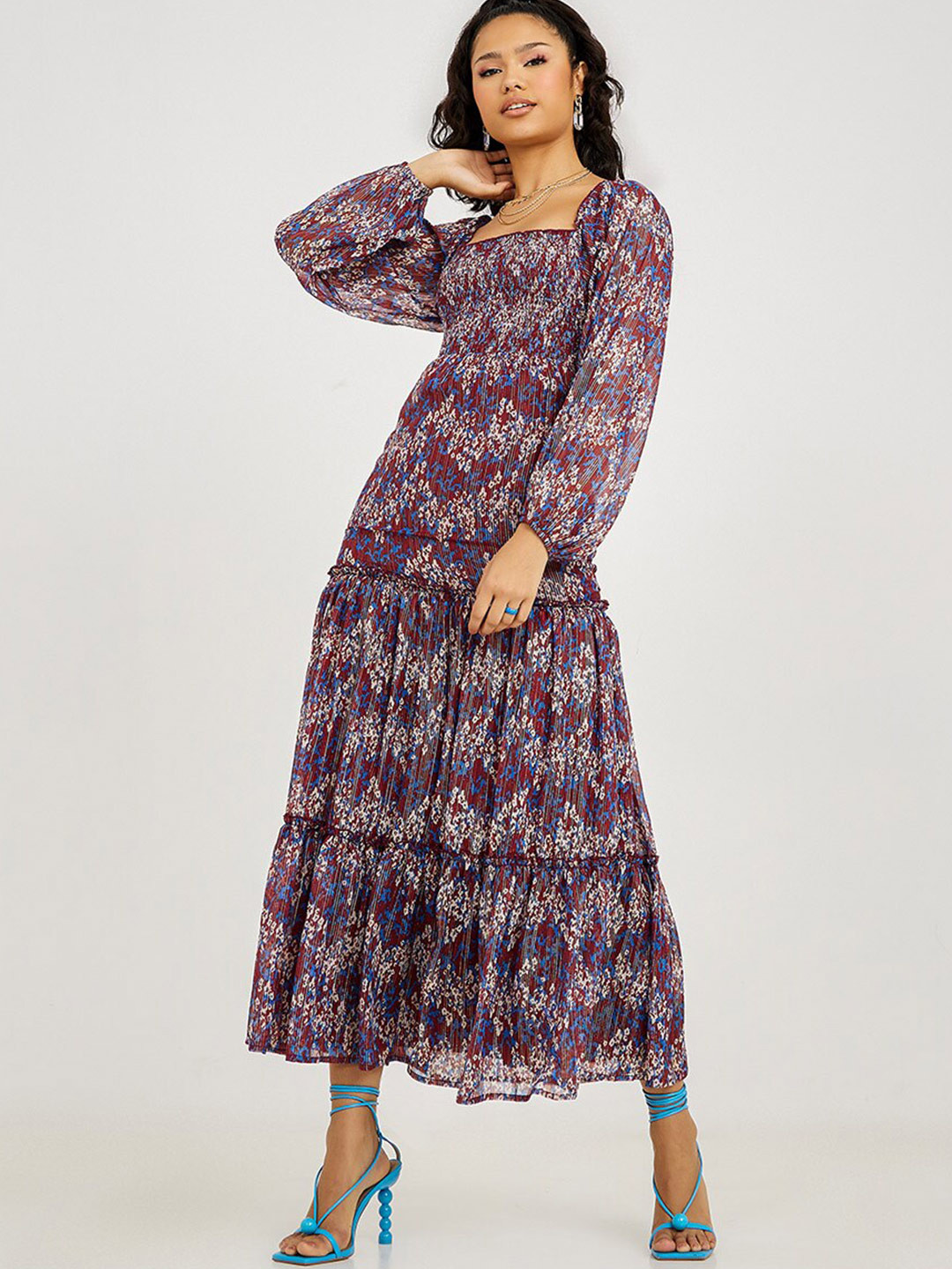 Styli Women Maroon & Blue Balloon Sleeves Paisley Print A-Line Maxi Dress