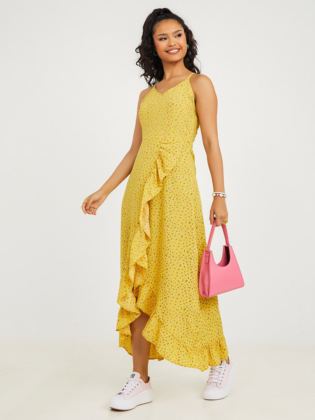 Styli Yellow & Green Strappy Ditsy Print Wrap Front Maxi Dress
