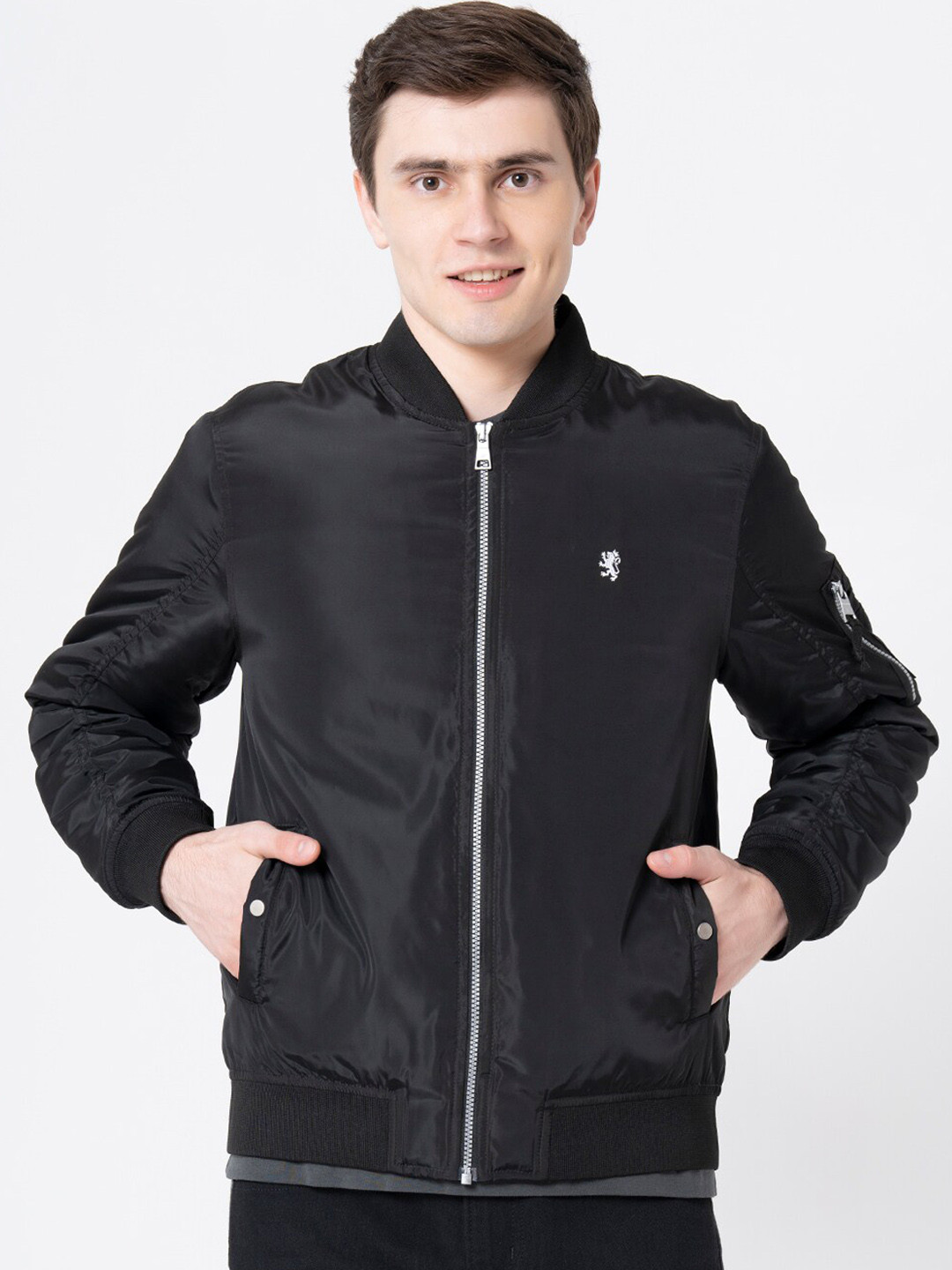 Red Tape Men Black Solid Bomber Jacket