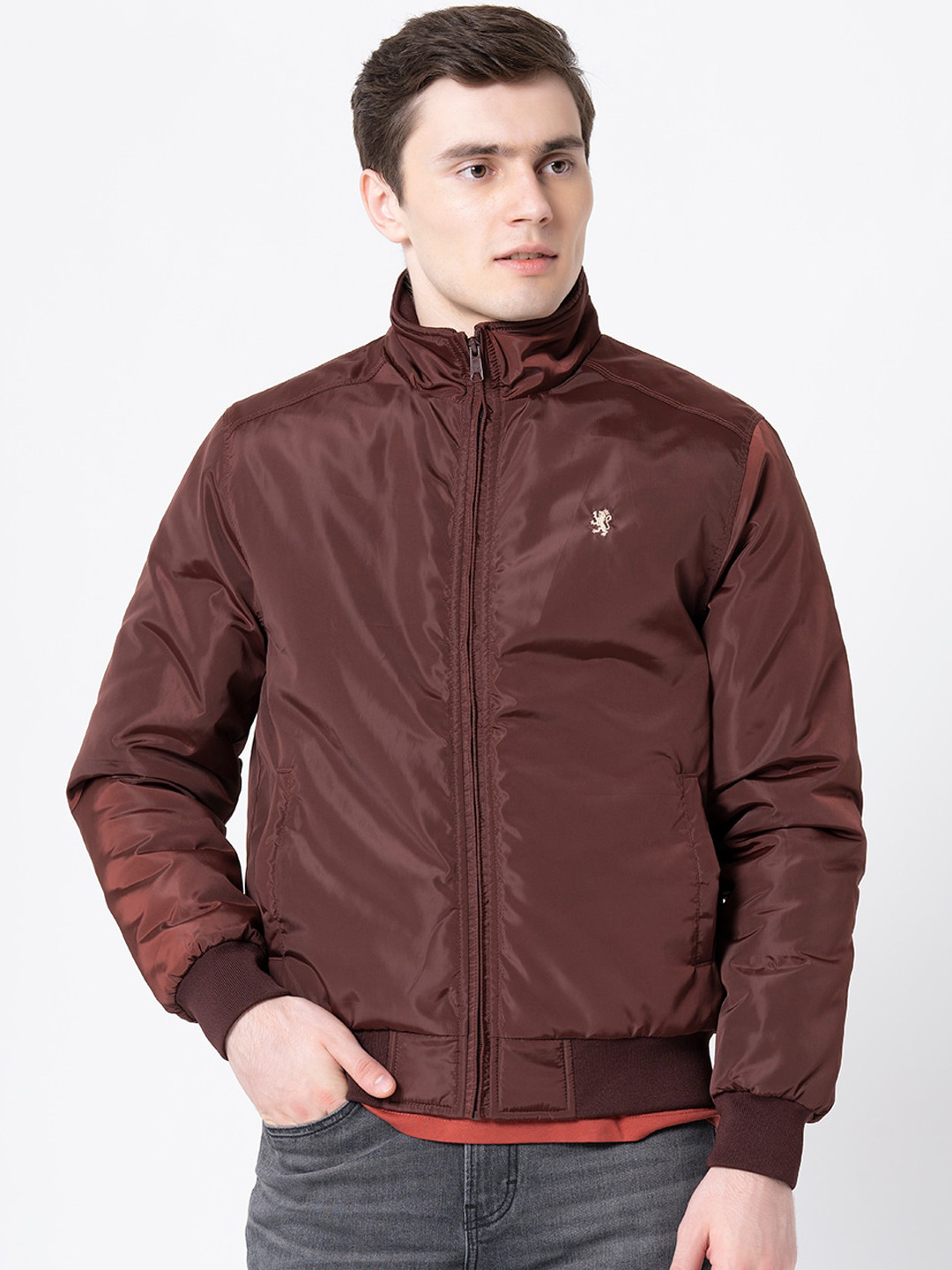 Red Tape Men Solid Brown Bomber Jacket