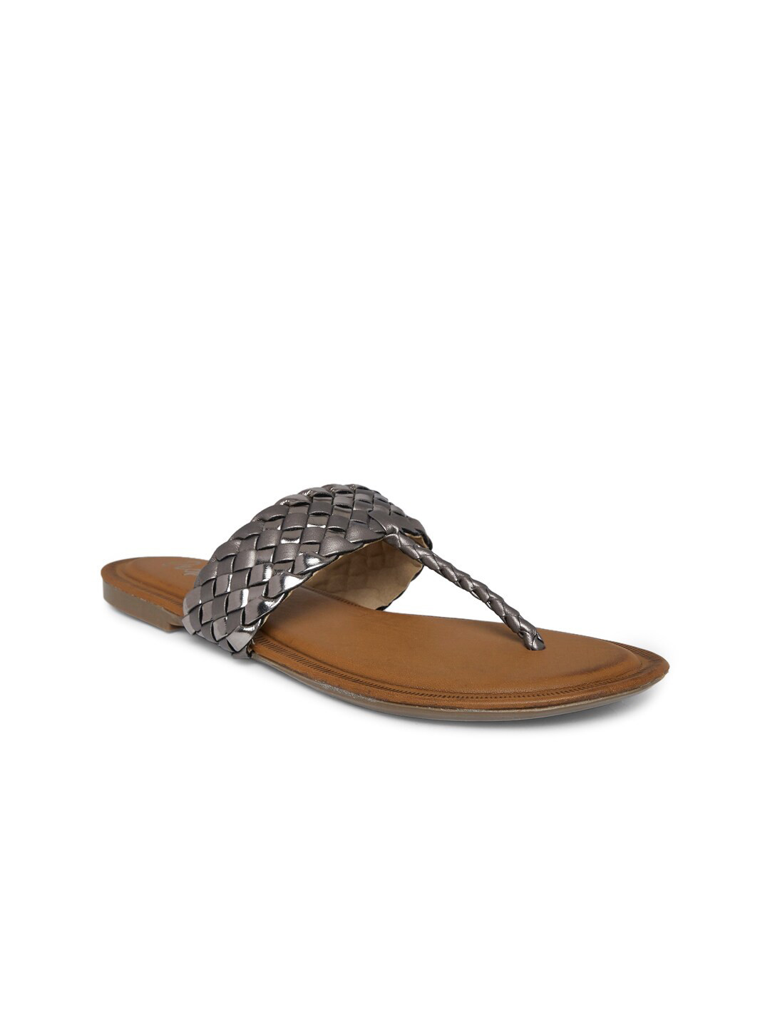 People Women Silver-Toned T-Strap Flats