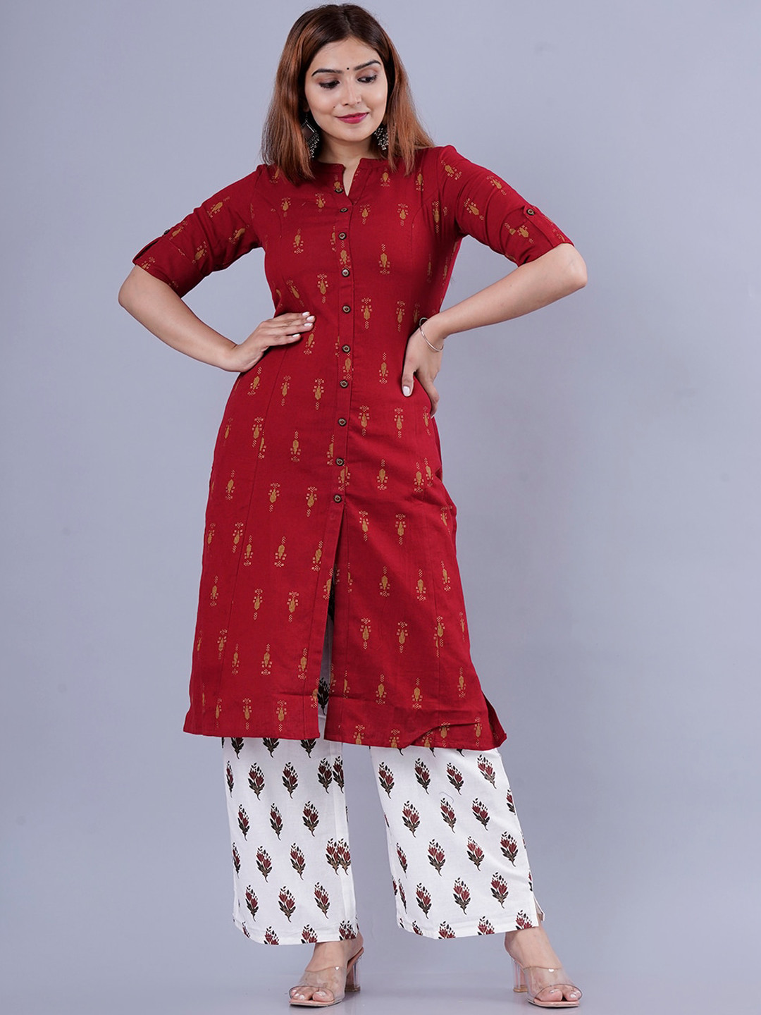 KALINI Women Maroon Ethnic Motifs Printed Straight Kurta with Palazzo Set