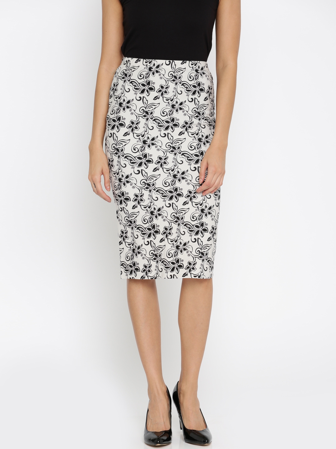 AND Grey Floral Print Printed Pencil Skirt