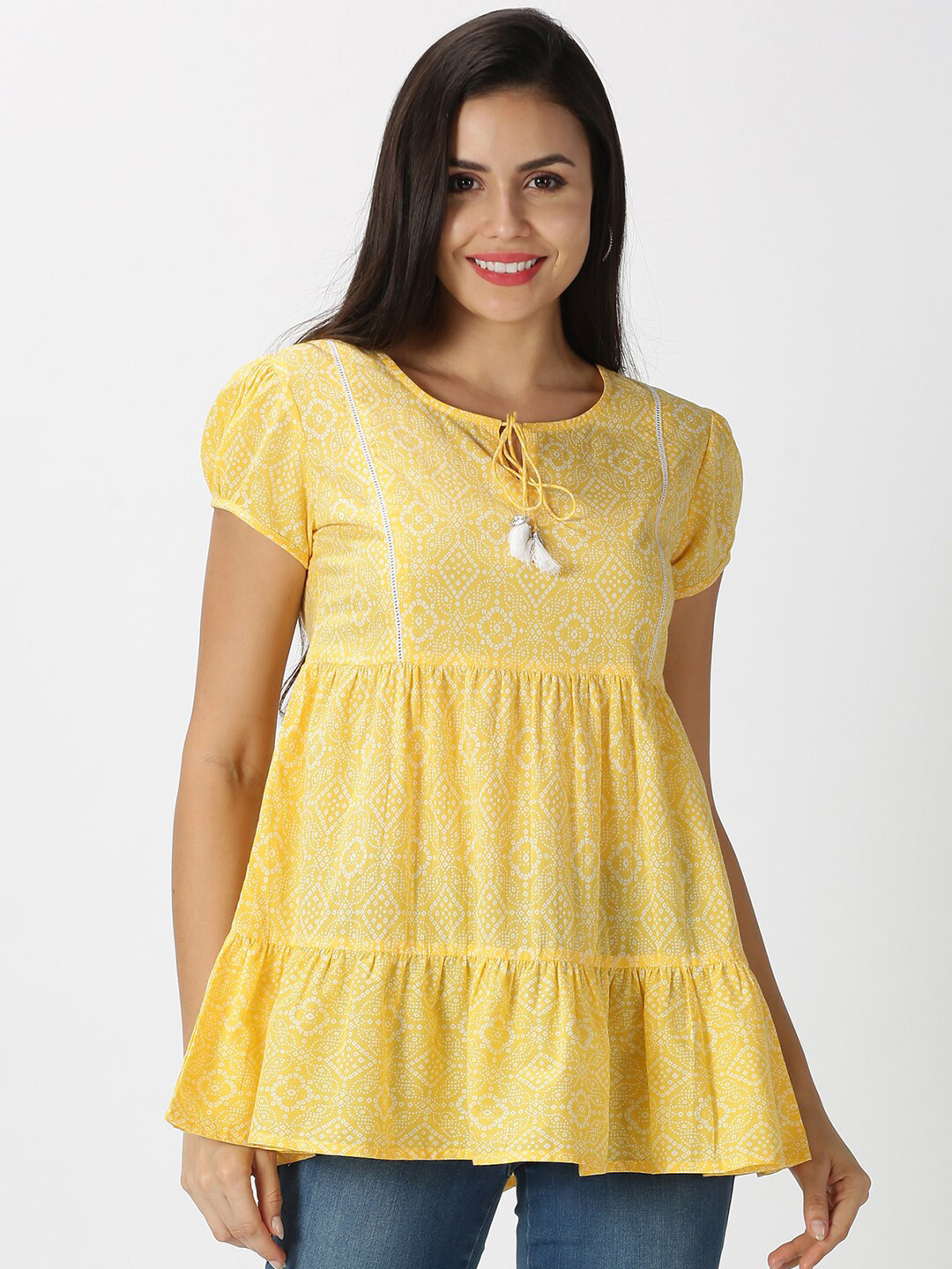 Saffron Threads Yellow Bandhani Print Tie-Up Neck Tiered Pure Cotton Empire Top