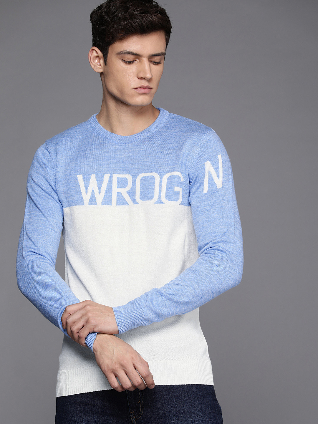 WROGN Men Blue & White Colourblocked Slim-Fit Pullover with Embroidered Detail
