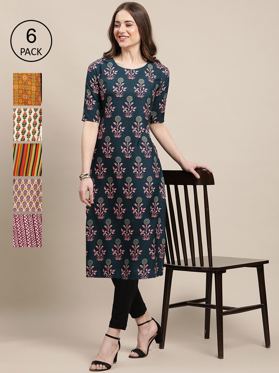 7Threads Women Blue & Pink Geometric Checked Summer Sheers Crepe Kurta