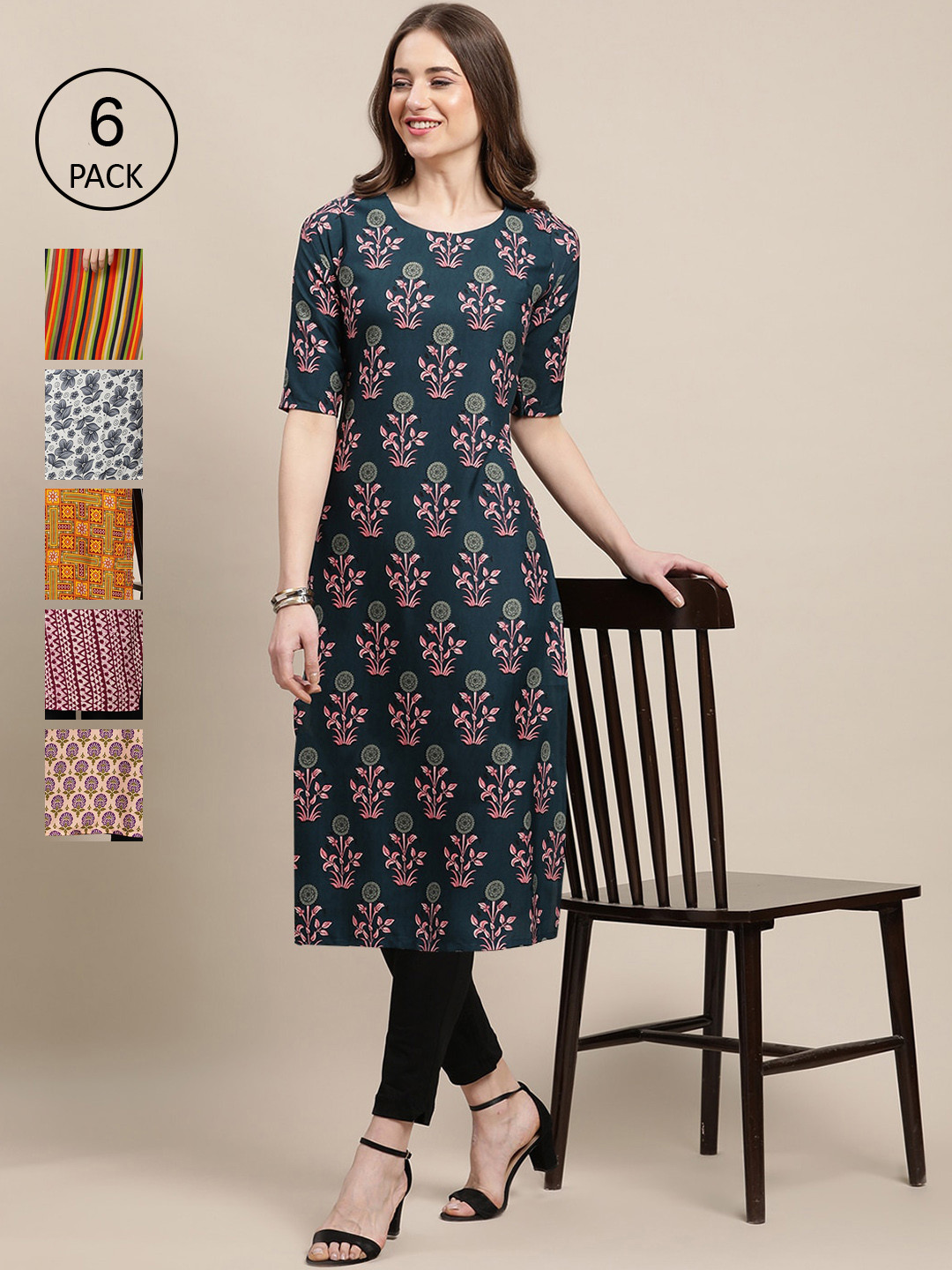 7Threads Women Pack Of 6 Summer Sheers Crepe Kurta