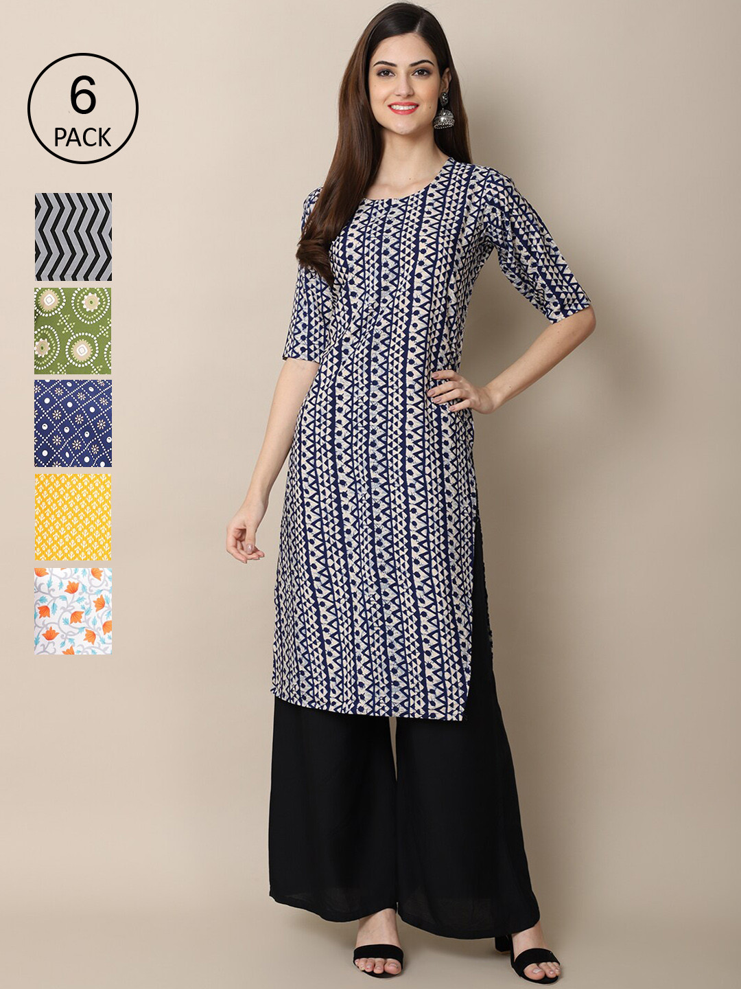 7Threads Women Blue And Yellow  Geometric PrintedCrepe Kurta PACK OF 6