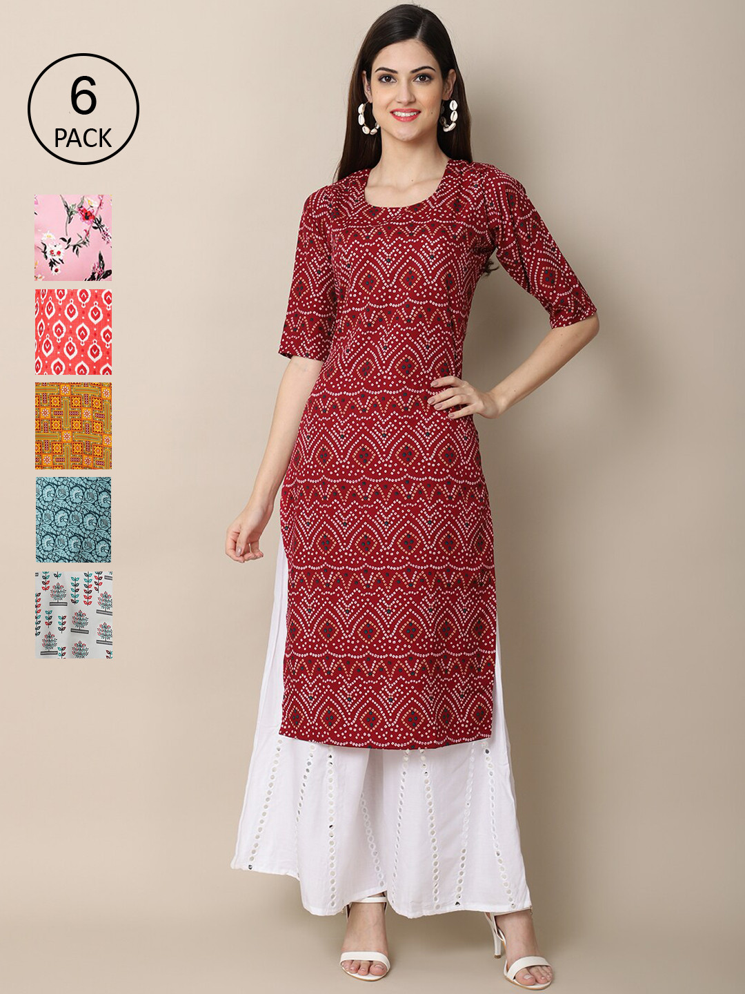 7Threads Women Blue And Yellow  Ethnic Motifs Printed Crepe Kurta PACK OF 6