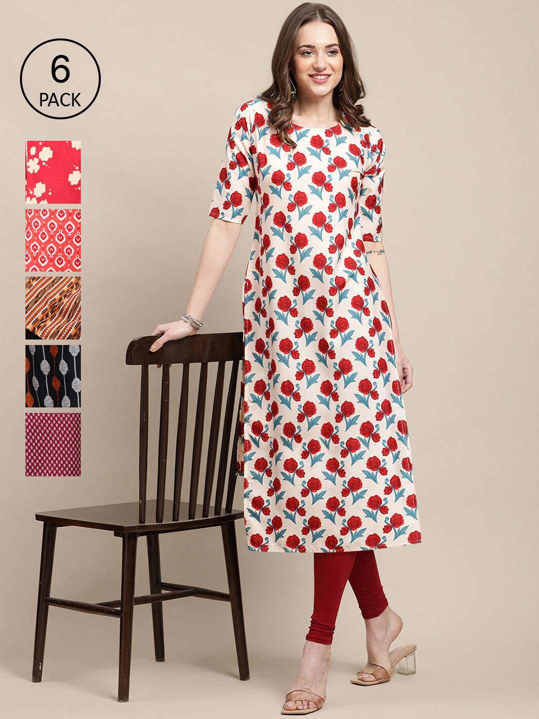 7Threads Women Red And Black Thread Work Summer Sheers Crepe Kurta [PACK OF 6]