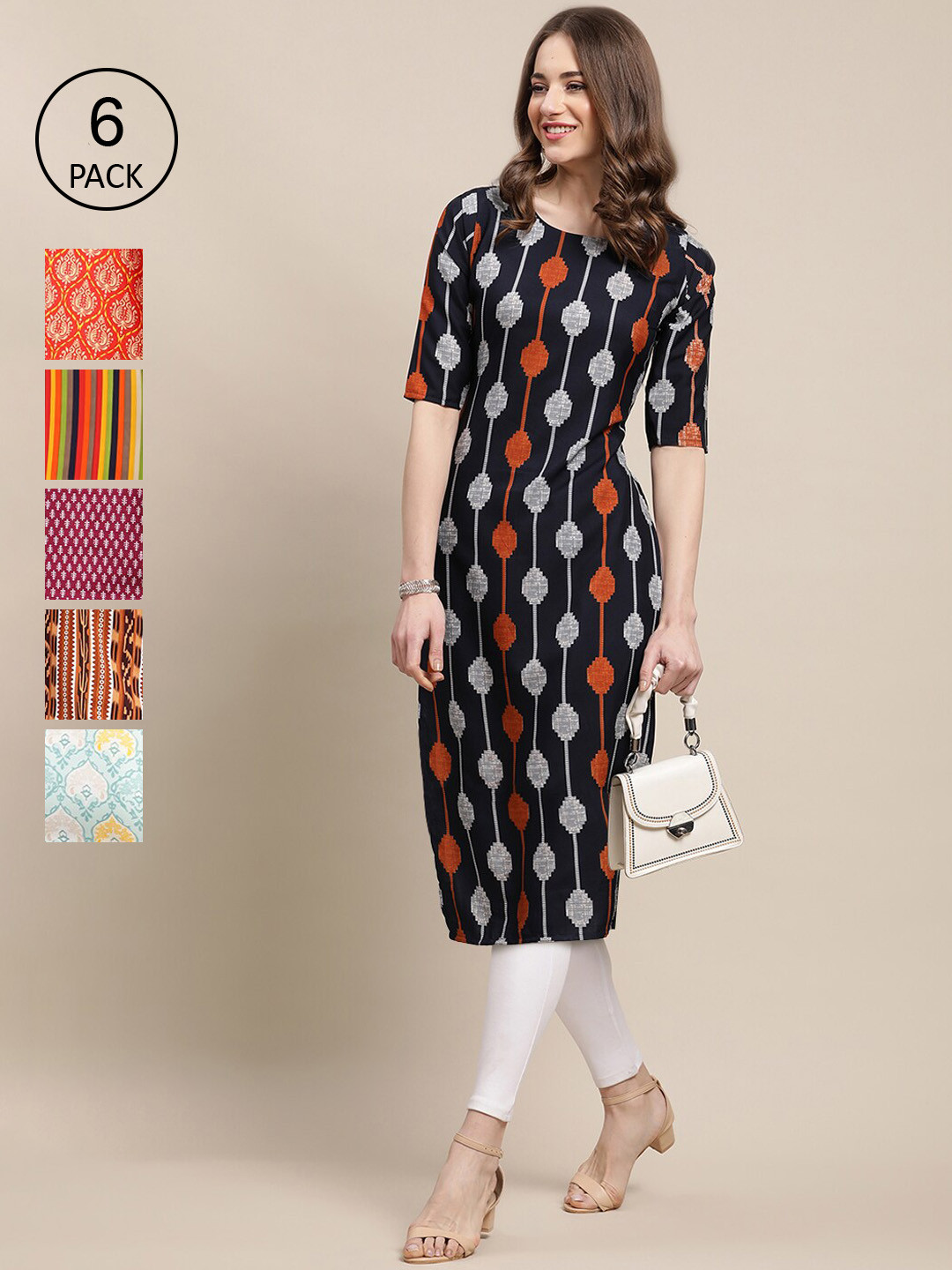 7Threads Women Set Of 6 Navy Blue & Red Printed Thread Work Crepe Kurtas