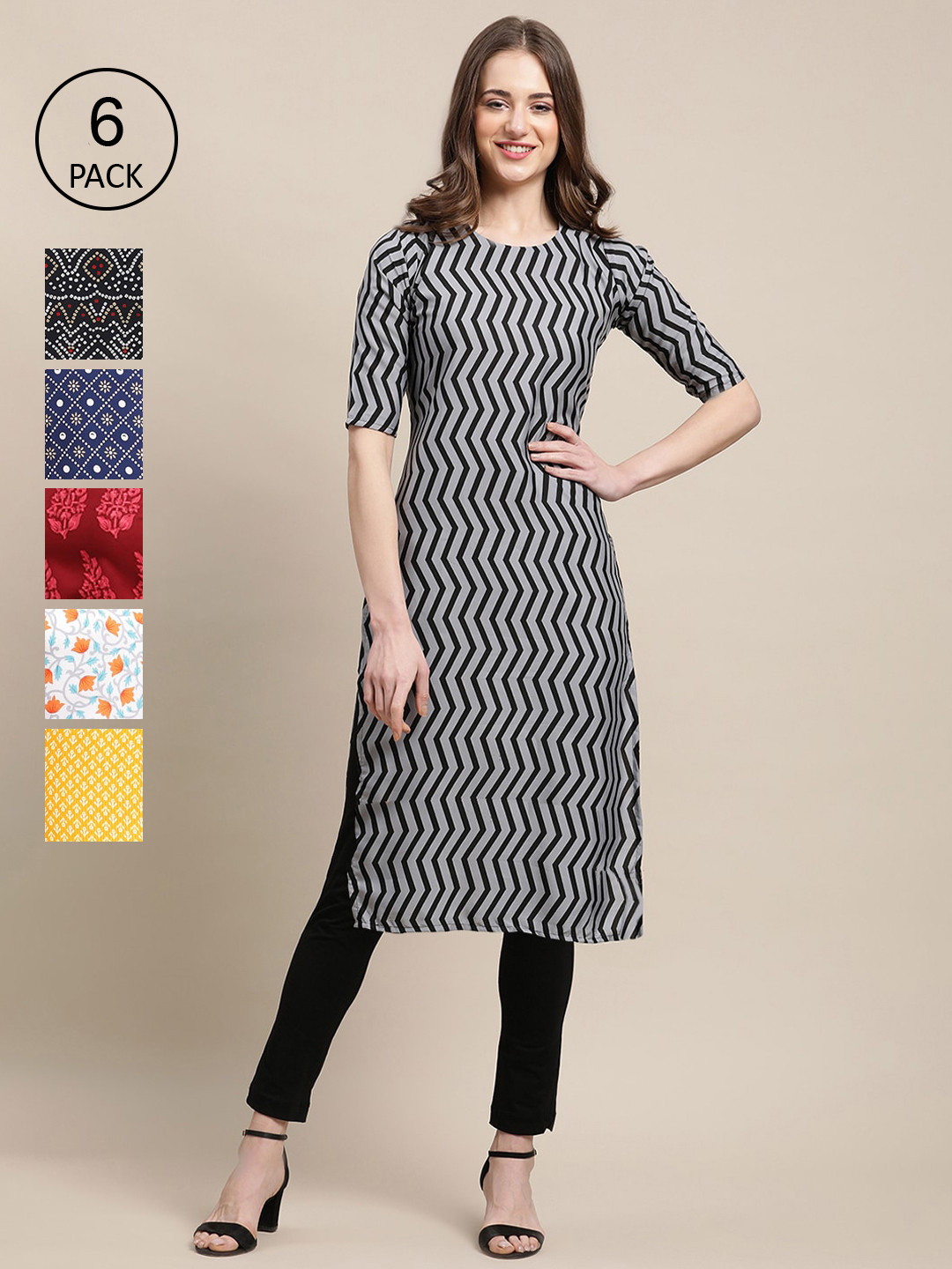 7Threads Women Yellow & Grey Geometric Checked Summer Sheers Crepe Kurta