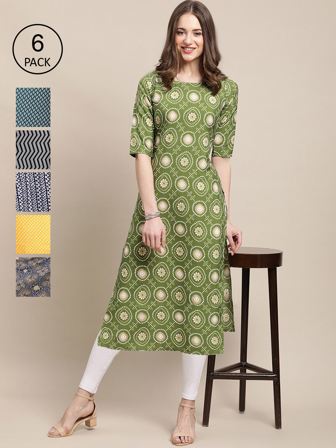 7Threads Women Green & Navy Blue Geometric Striped Summer Sheers Crepe Kurta