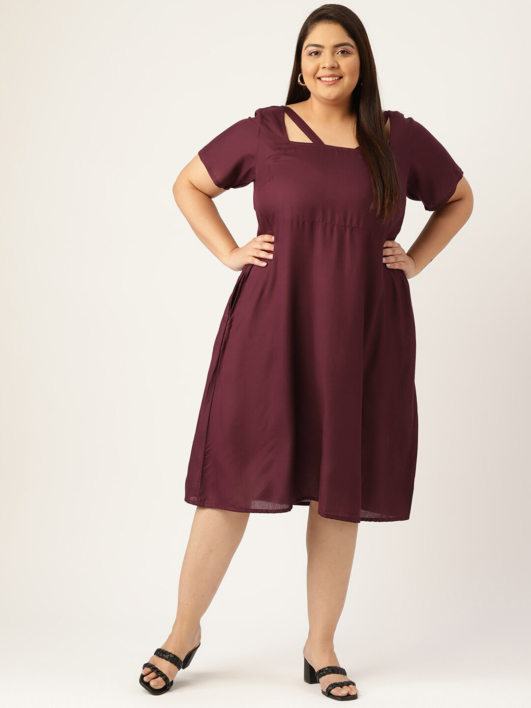 theRebelinme Women Plus Size Burgundy A-Line Dress