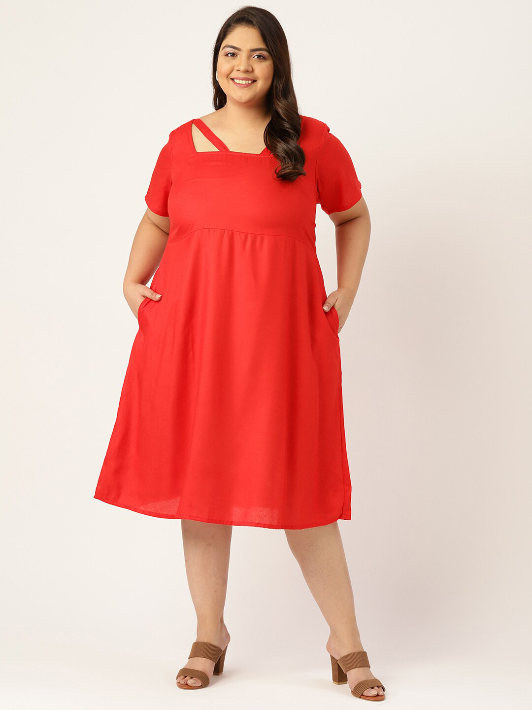 theRebelinme Plus Size Women Red A-Line Midi Dress