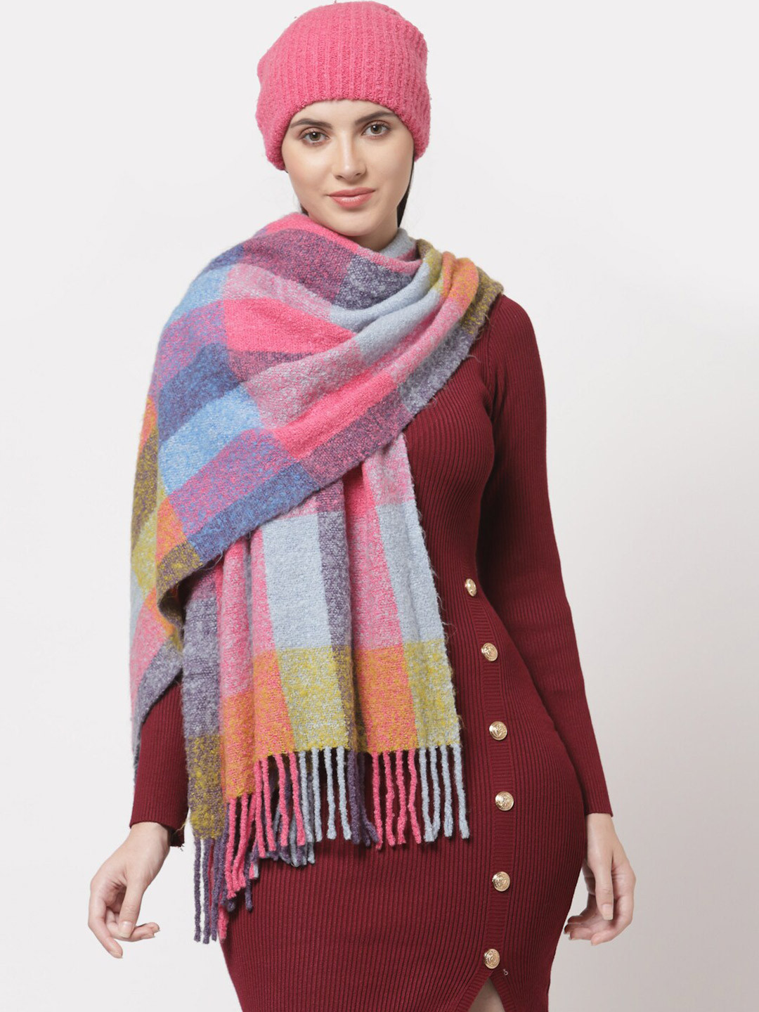 513 Women Pink & Blue Checked Stole With Beanie