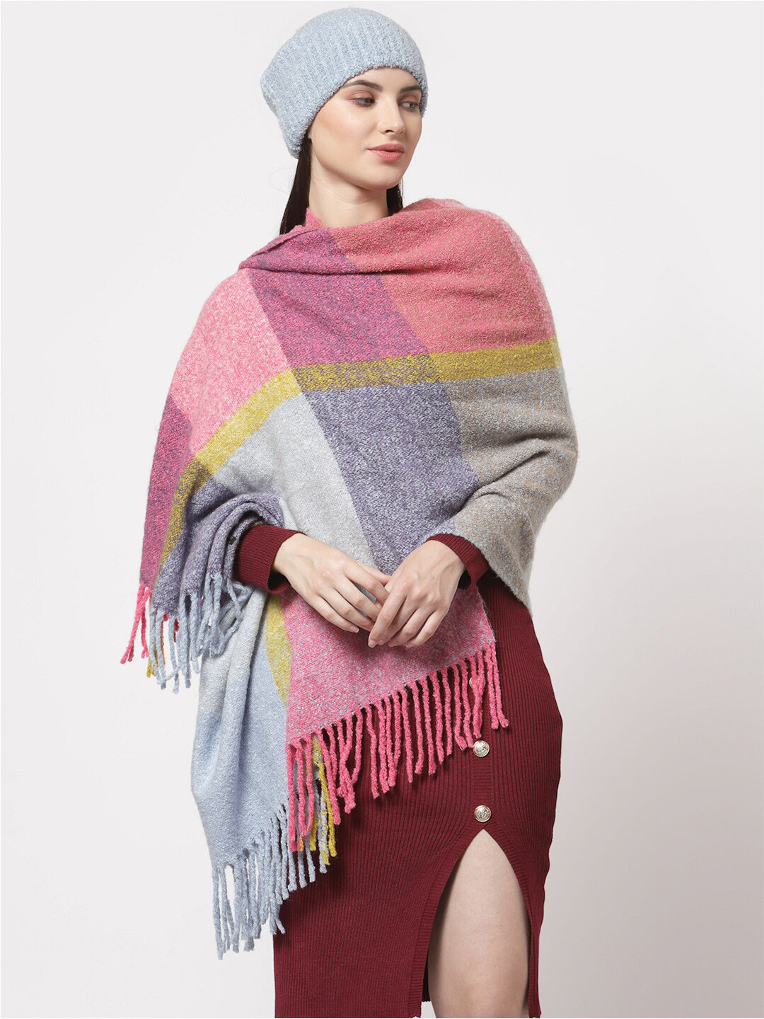 513 Women Blue & Grey Checked Stole With Beanie