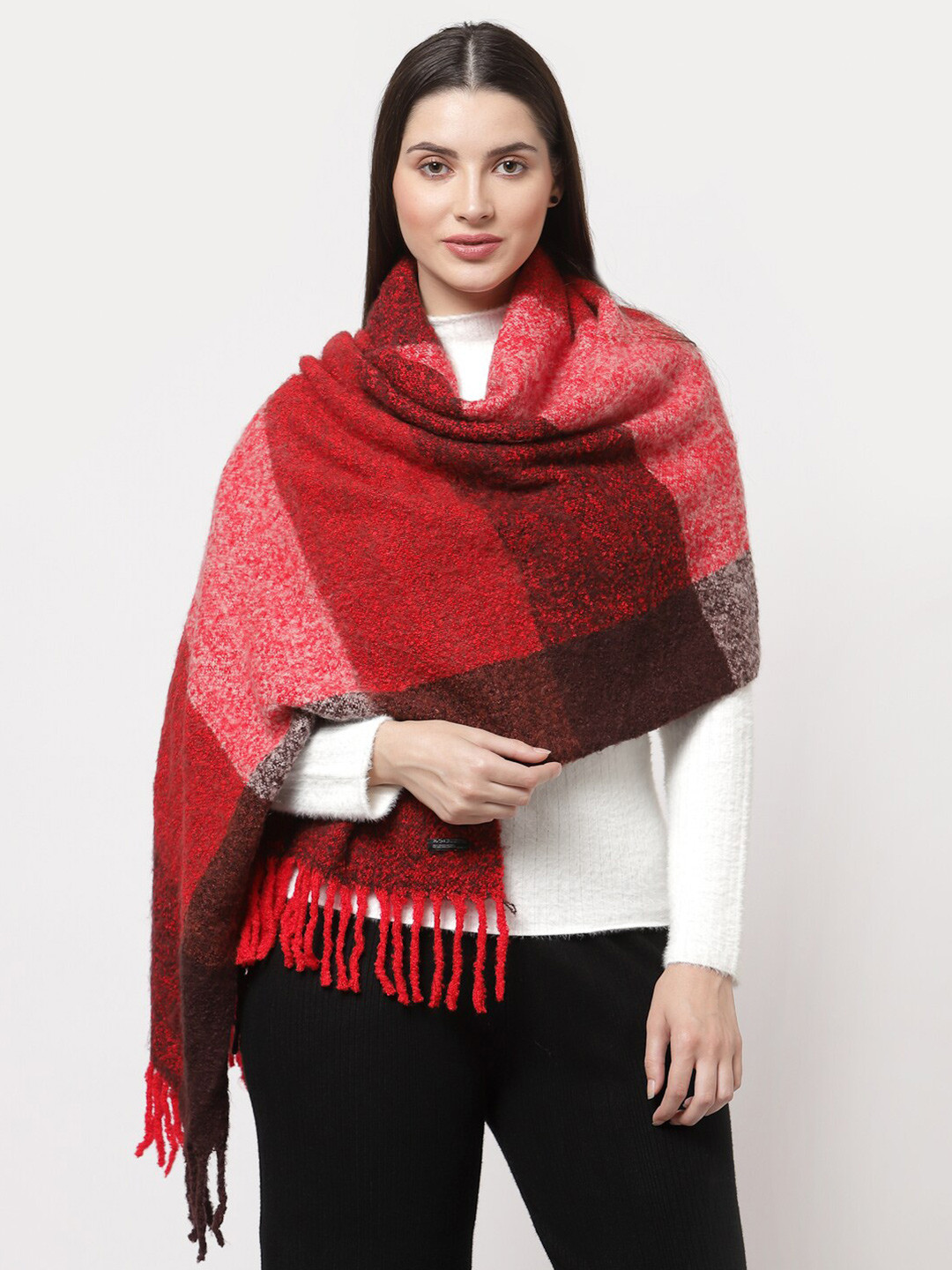 513 Women Red & Maroon Checked Knitted Stole