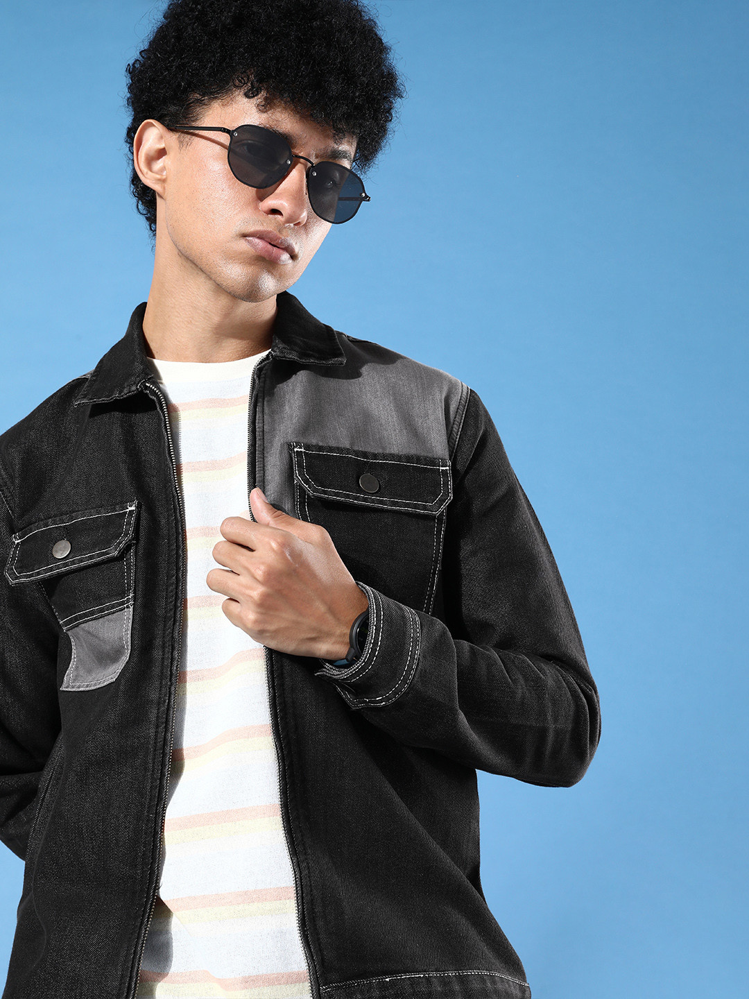 WROGN Men Black & Grey Solid Denim Jacket