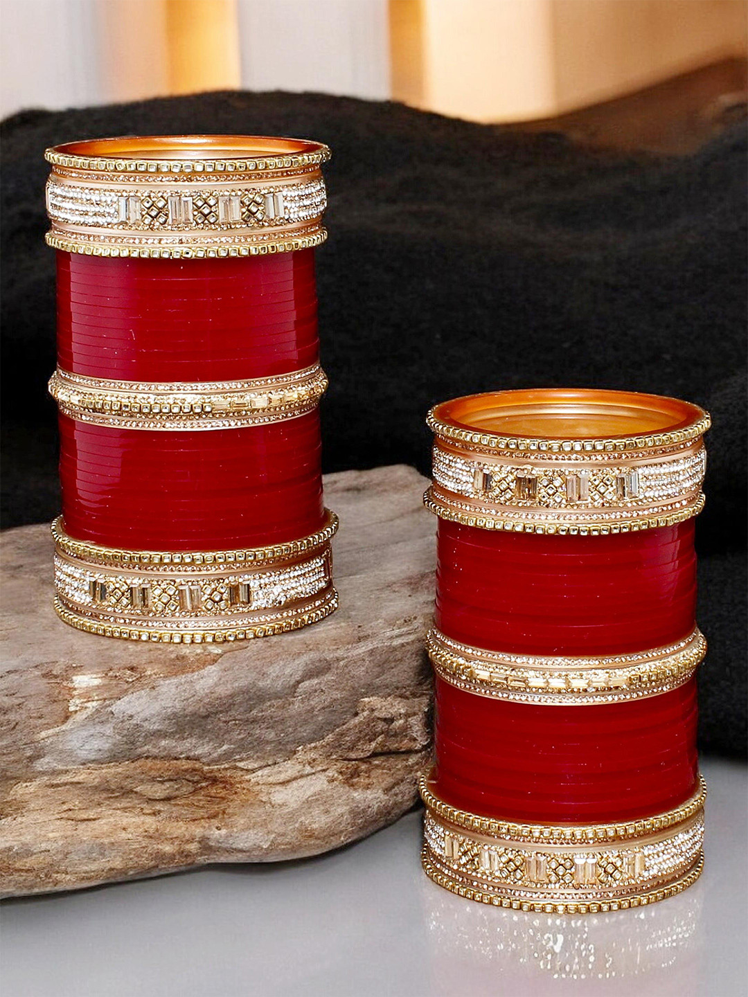 LUCKY JEWELLERY Maroon Stone-Studded Punjabi Chura Bridal Wedding Bangle Set