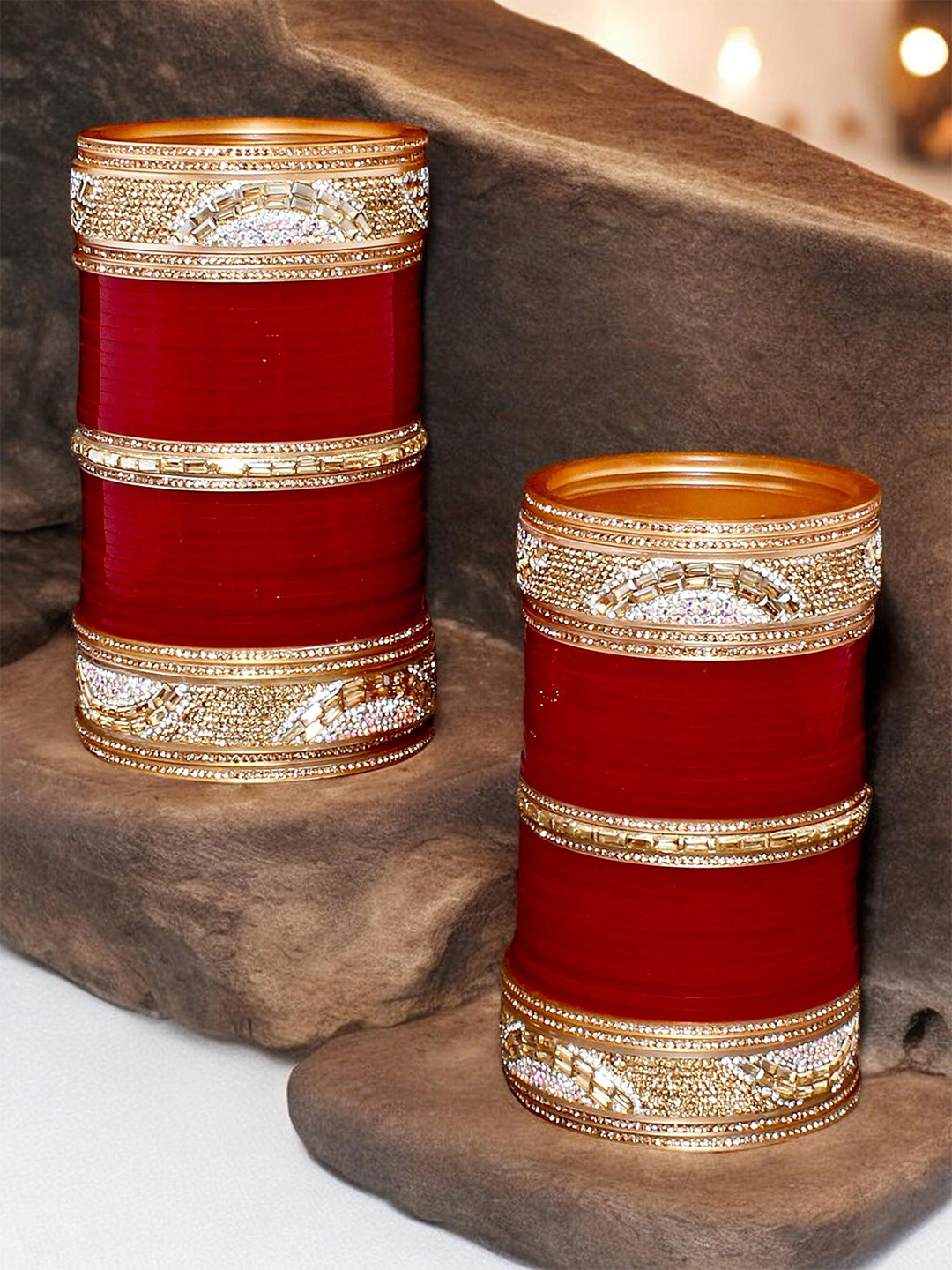 LUCKY JEWELLERY Maroon CZ Stone-Studded Punjabi Chura Bridal Wedding Bangle Set