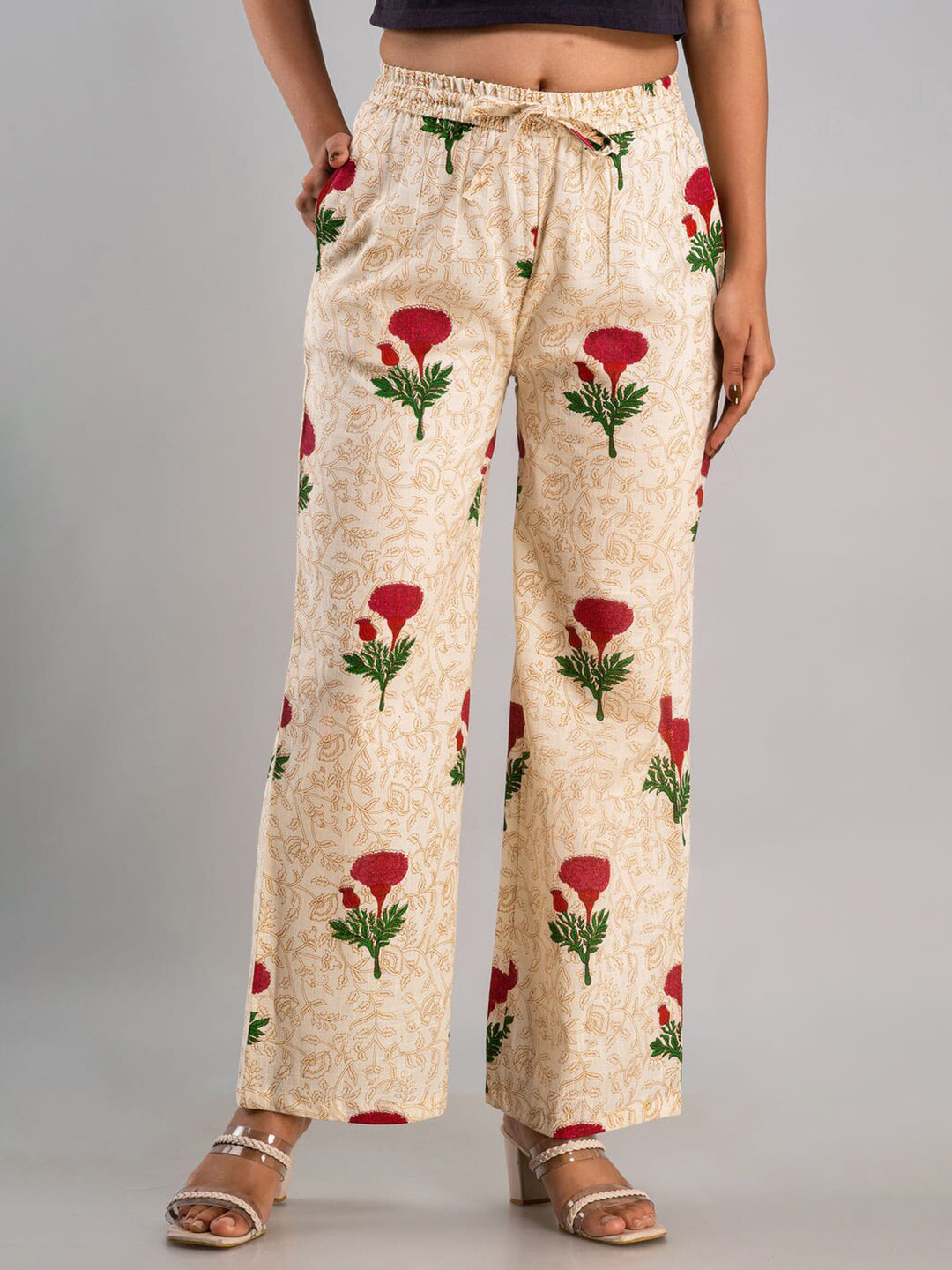 MAUKA Women Cream-Coloured & Red Floral Printed Palazzos