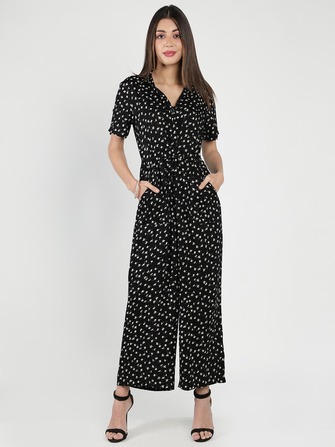 DEBONATELLA Black & White Printed Basic Jumpsuit