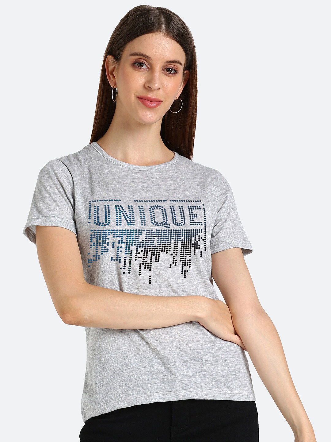 shashvi Women Grey Melange & Blue Typography T-shirt