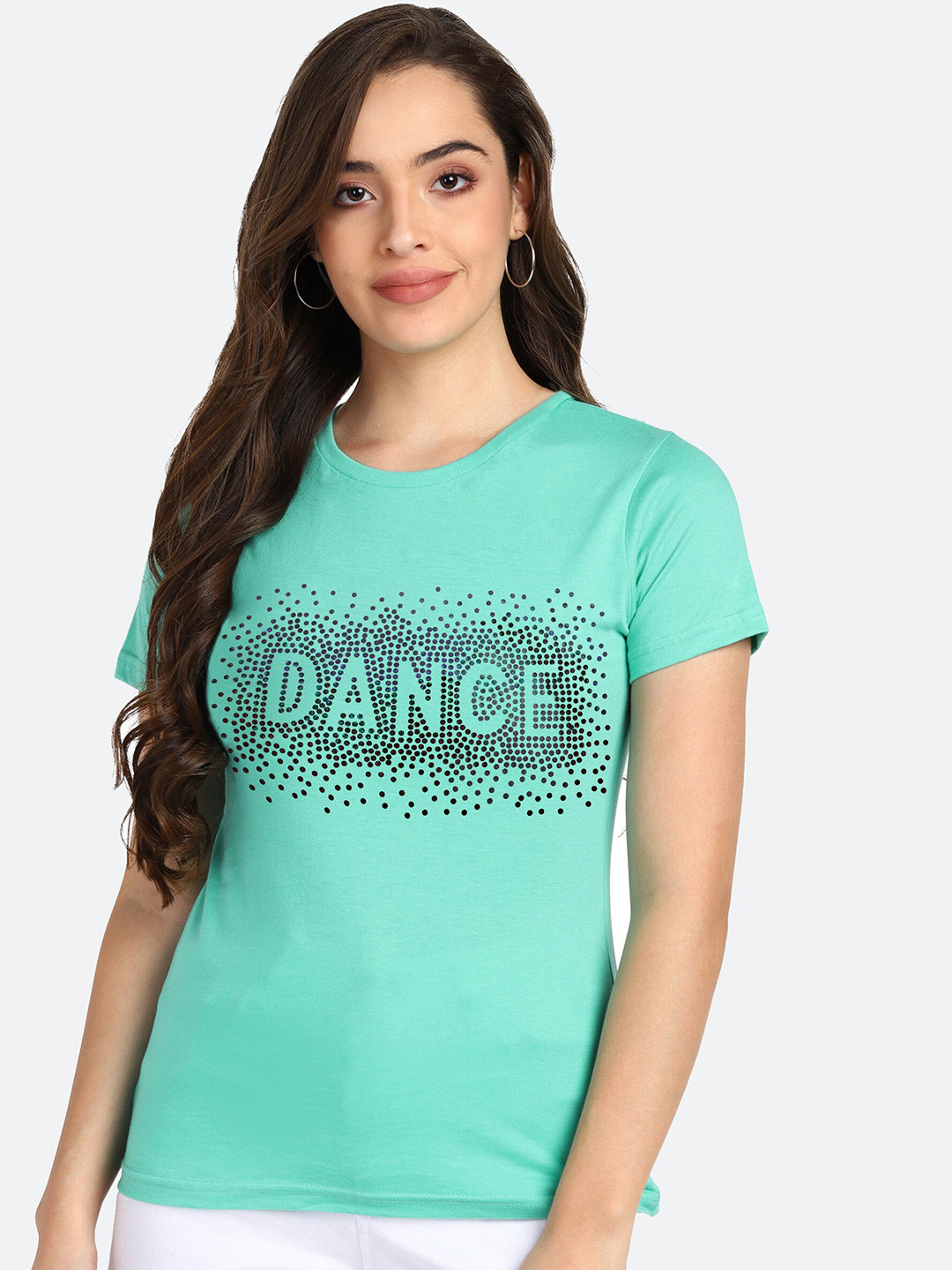 shashvi Women Sea Green Embellished T-shirt
