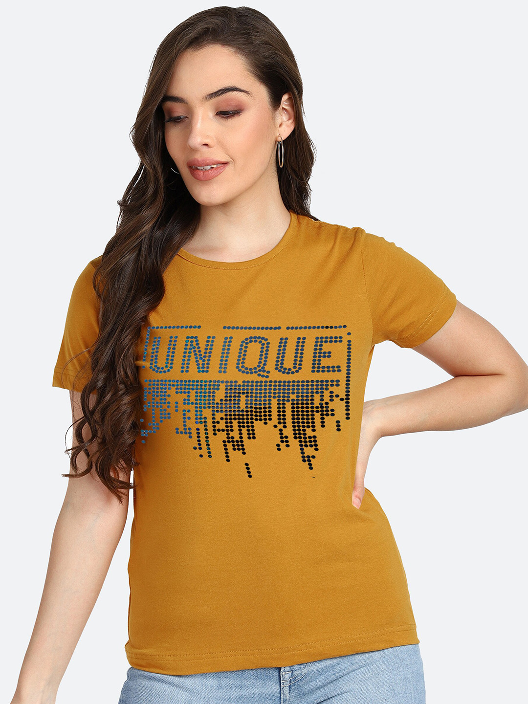 shashvi Women Mustard Yellow Typography PrintedT-shirt