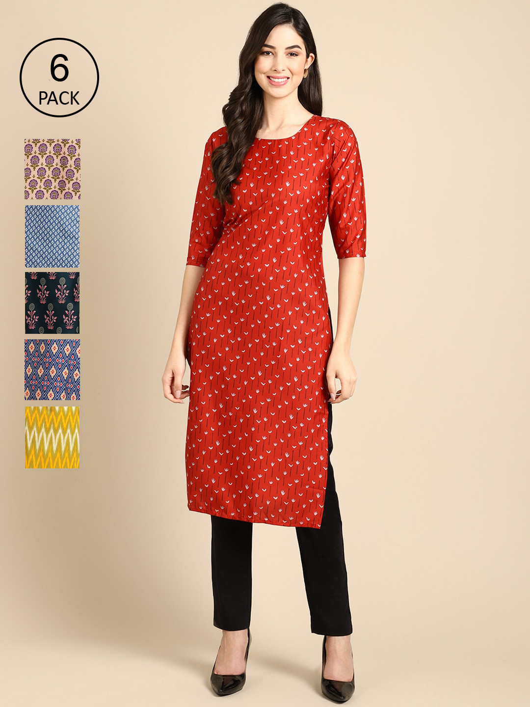 7Threads Women Red & Yellow Floral Printed Crepe Kurta
