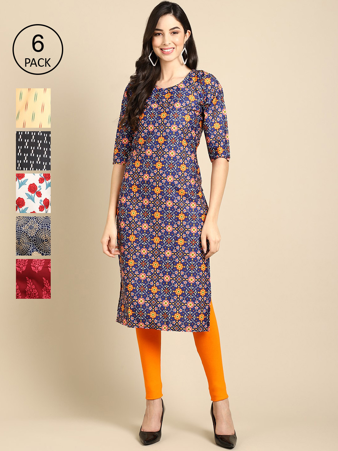 7Threads Women Multicolored Geometric Block Print Crepe Kurta