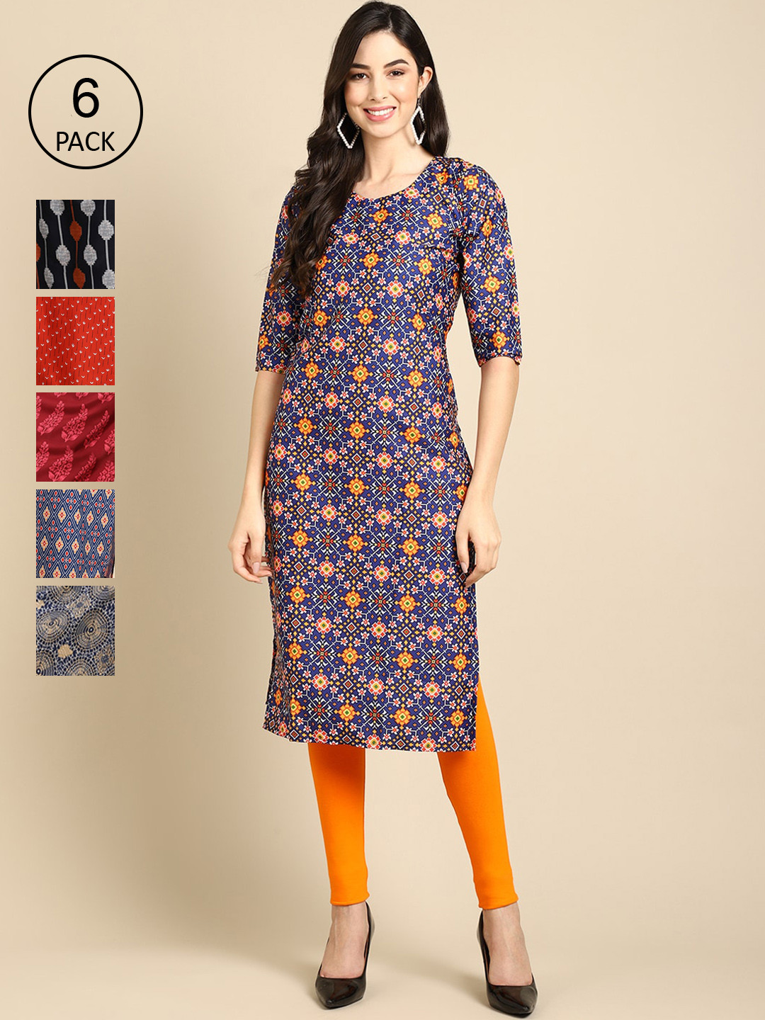 7Threads Women Yellow And Red Ethnic Motifs Printed Block Print Crepe Pack of 6 Kurta