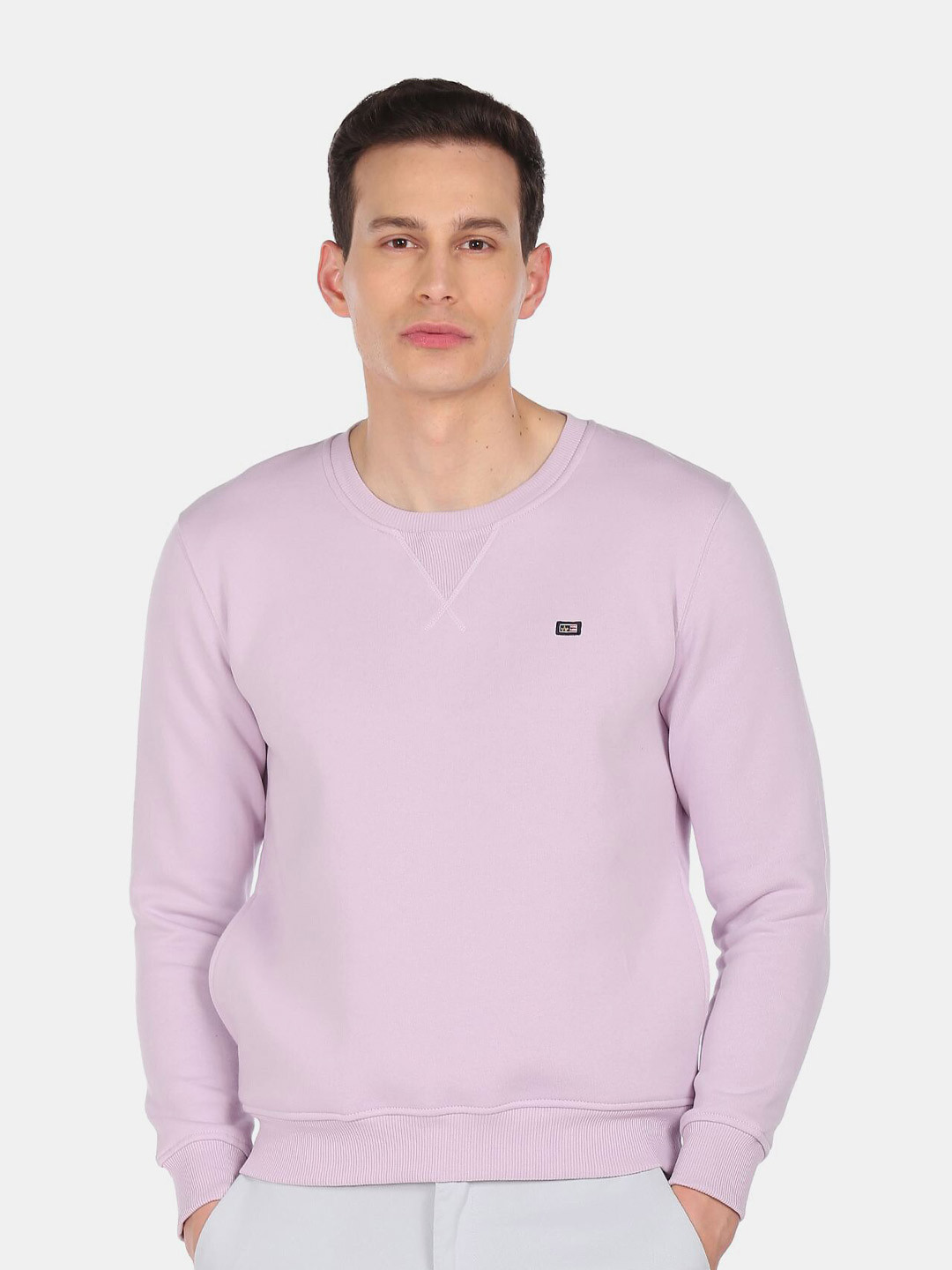 Arrow Sport Men Purple Solid Crew Neck Sweatshirt