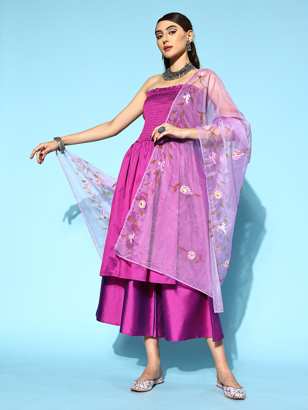 InWeave Women Solid Art Silk Co-Ord Fusion Kurta Set