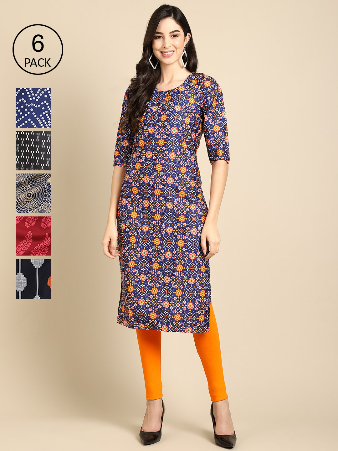 7Threads Women Blue And Yellow Ethnic Motifs Printed Print Crepe Pack of 6 Kurta