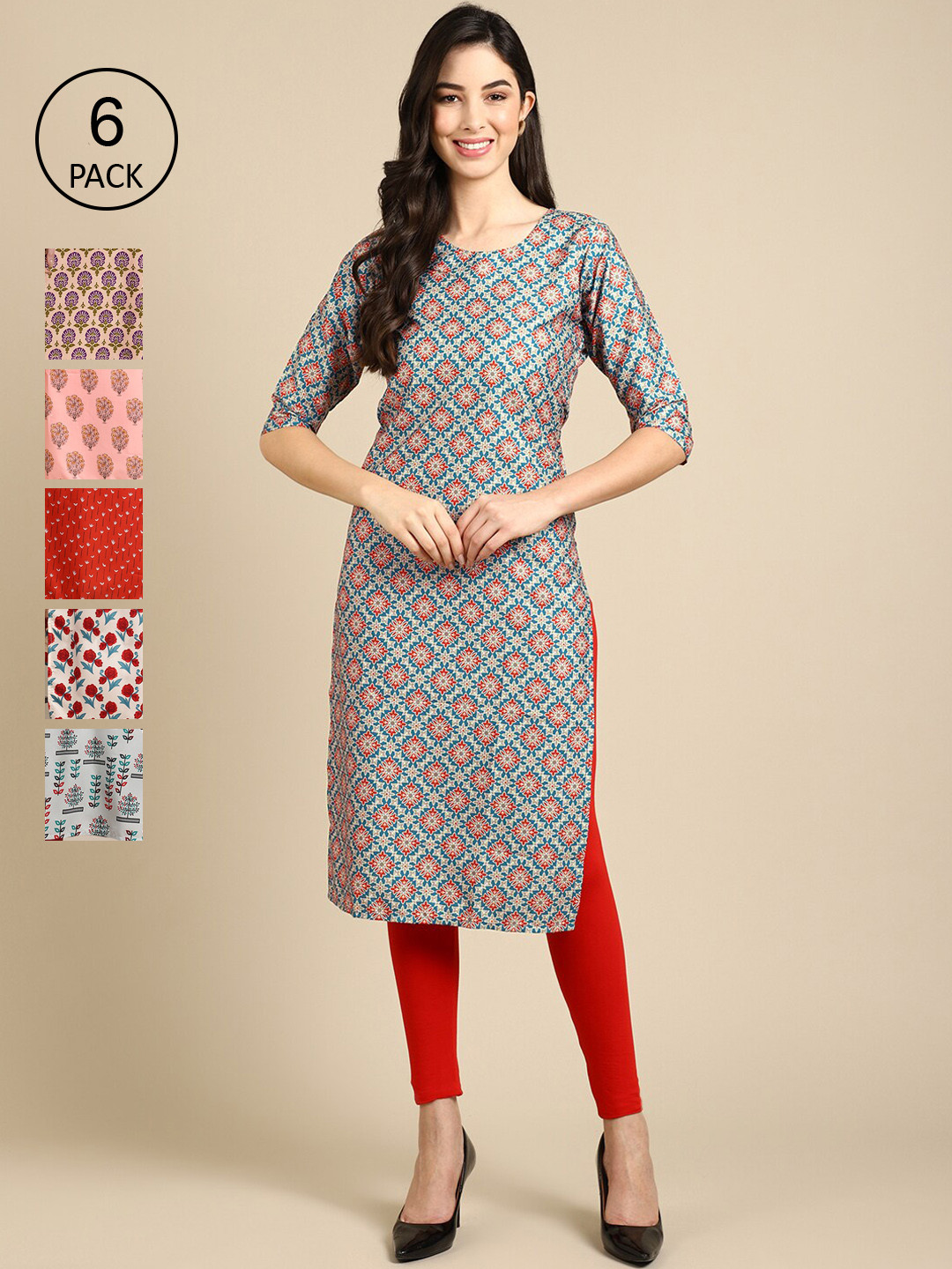 7Threads Women's Crepe Multi Color Digital Printed Straight Kurta [PACK OF 6]